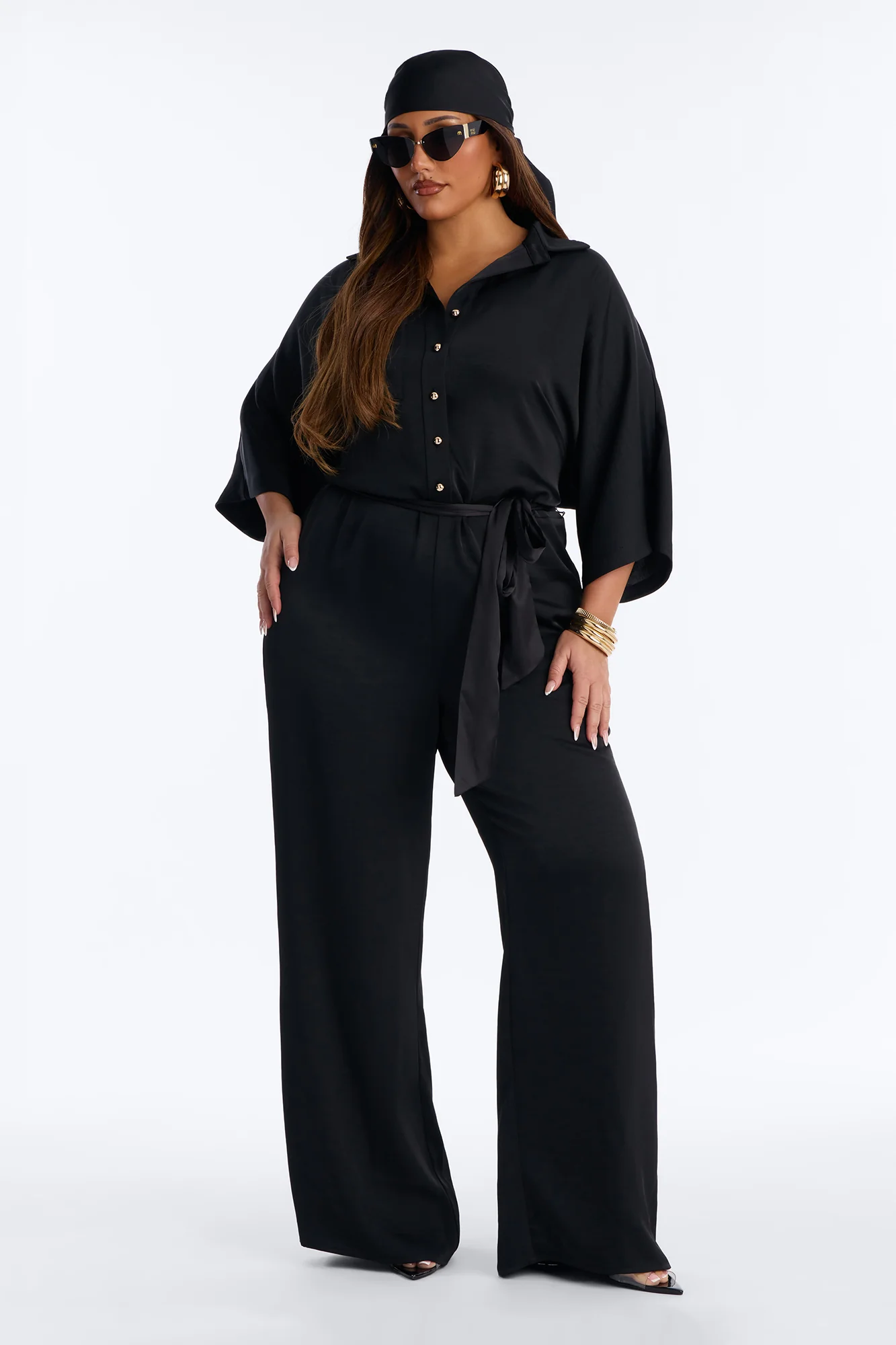 Angelina Satin 2 Piece Jumpsuit Set - Black - Image 5