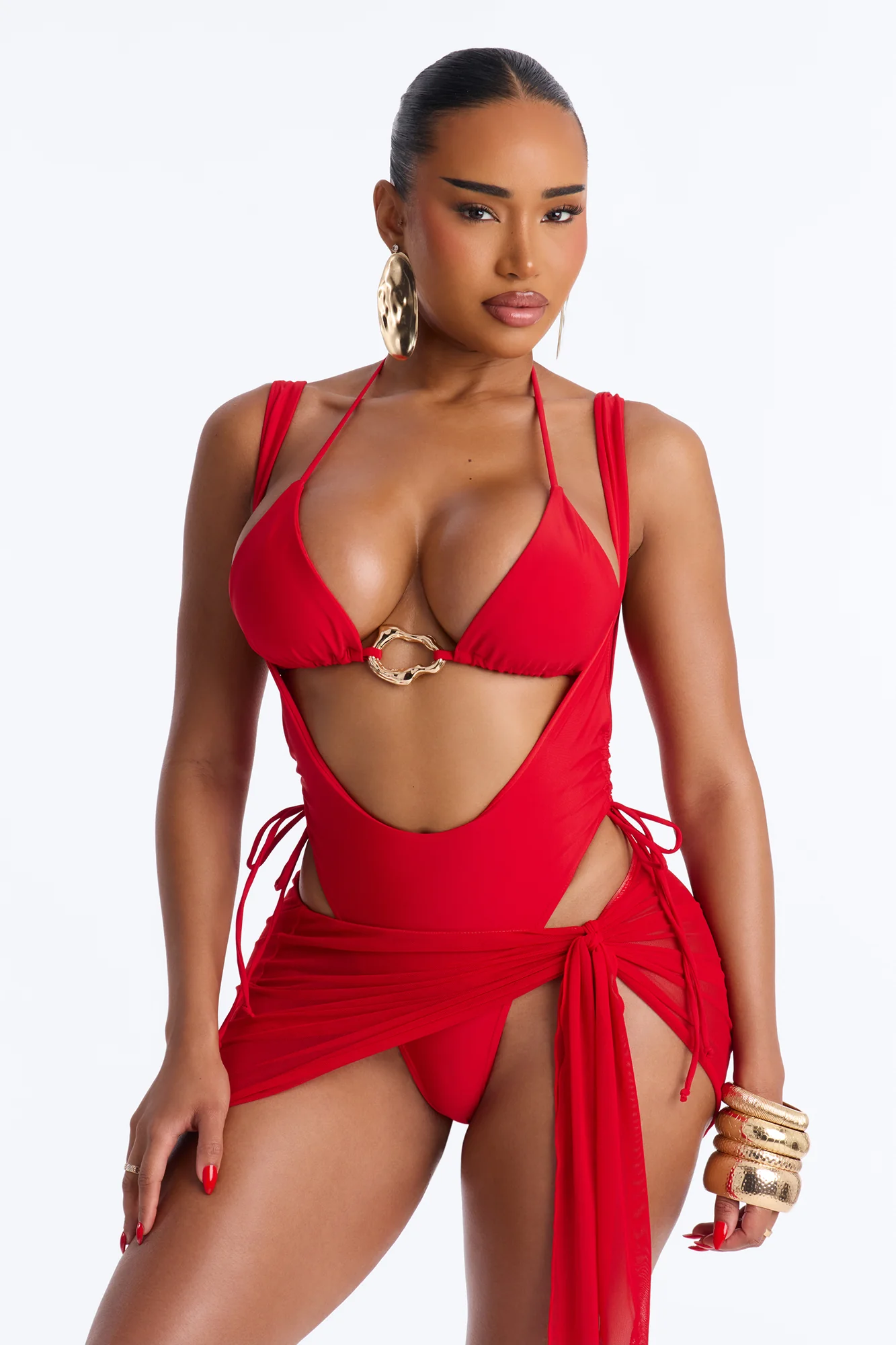 Angie 3 Piece Tied Triangle Bikini Waist Suit & Micro Mini Skirt Sunsuit - Red
