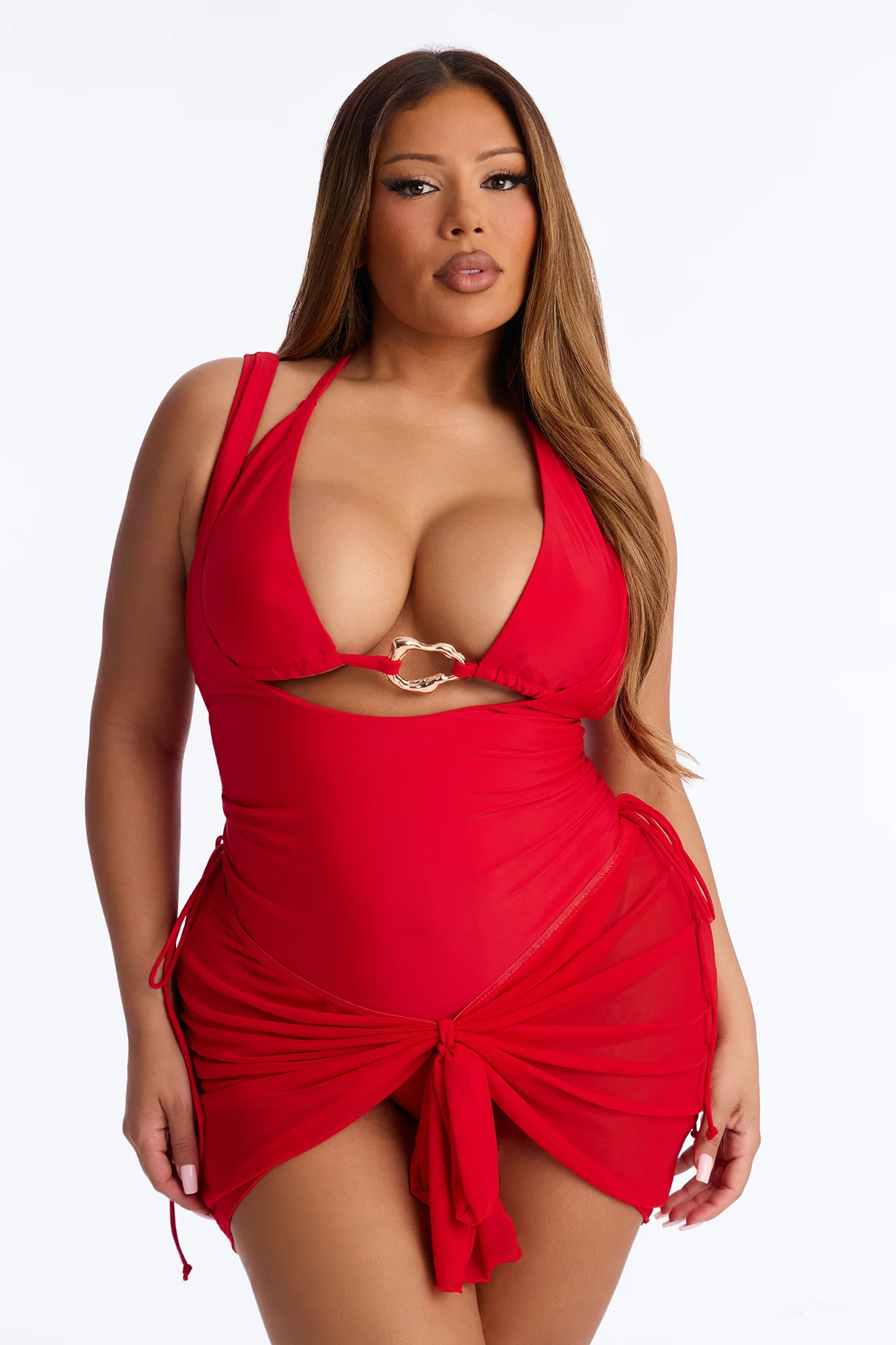 Angie 3 Piece Tied Triangle Bikini Waist Suit & Micro Mini Skirt Sunsuit - Red - Image 8