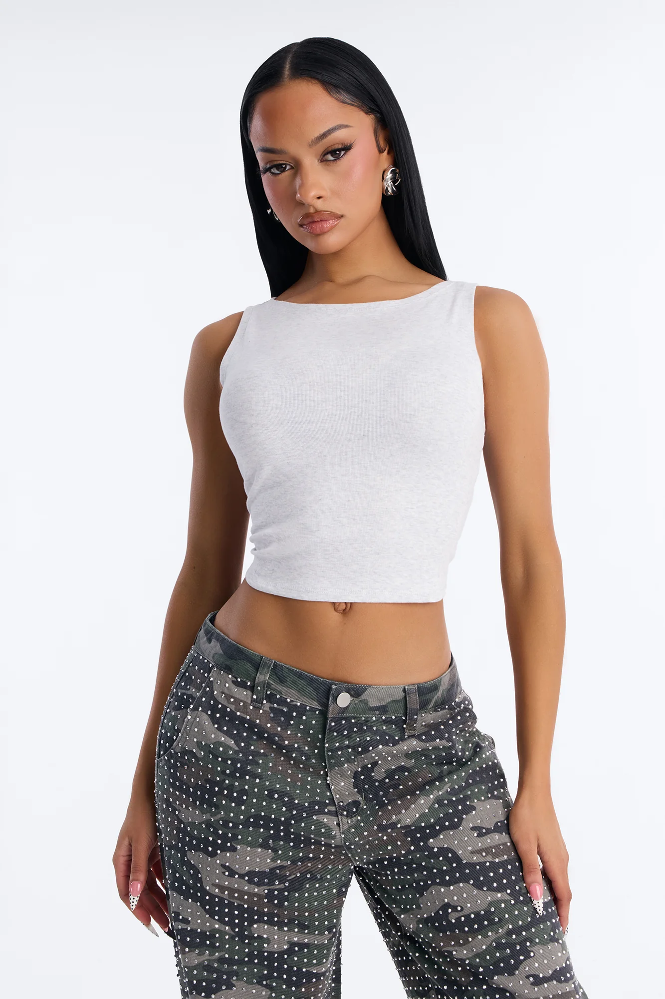 Anna Boat Neck Sleeveless Tank Top - Heather Grey