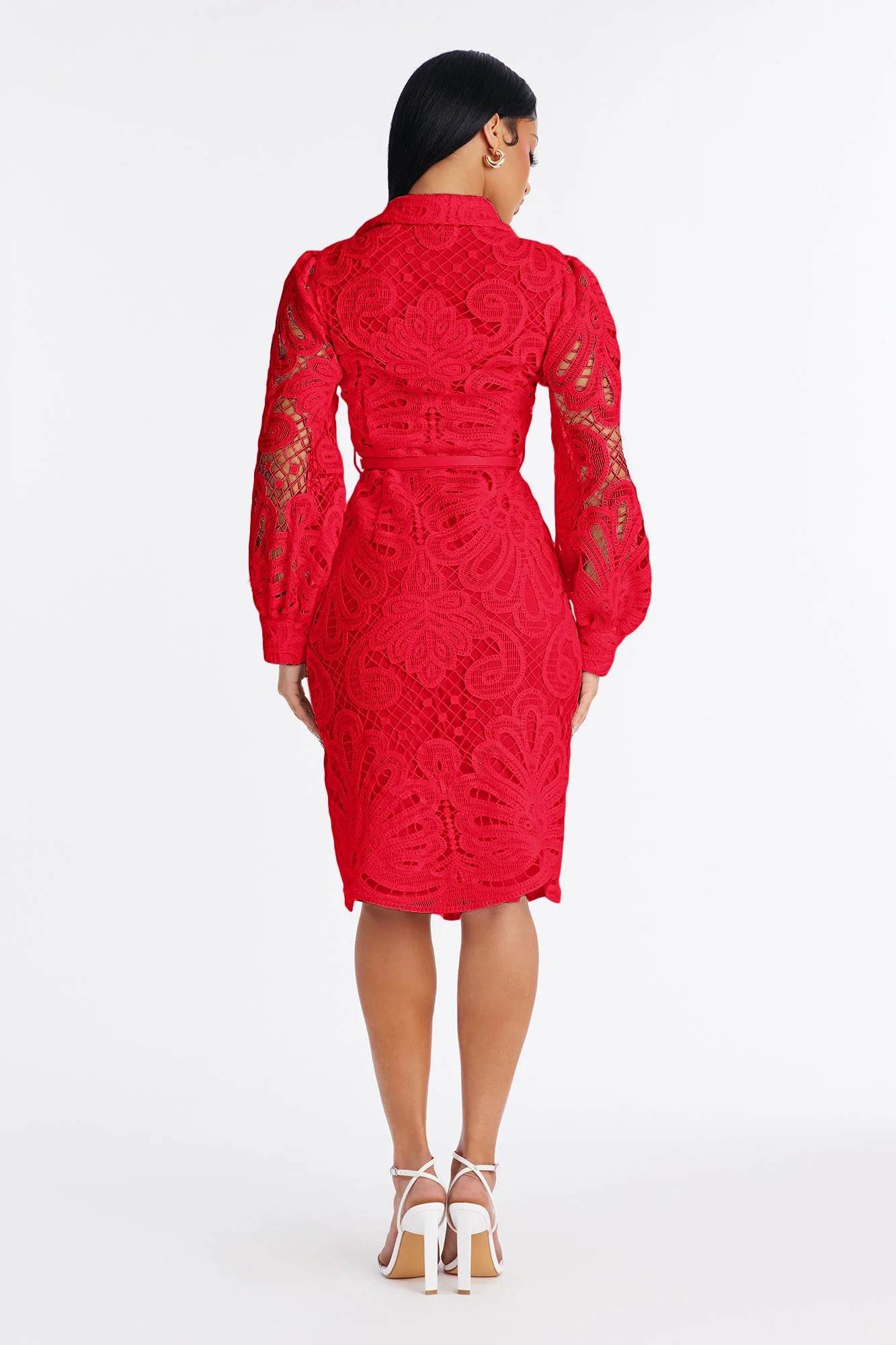 Annette Belted Lace Midi Dress - Red - Image 4