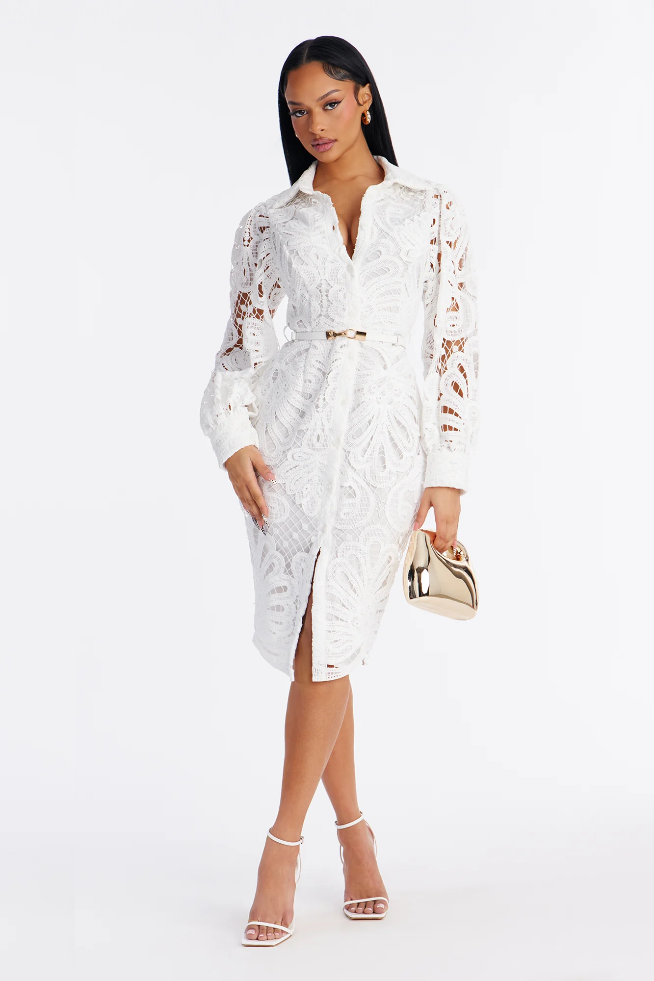 Annette Belted Lace Midi Dress - White