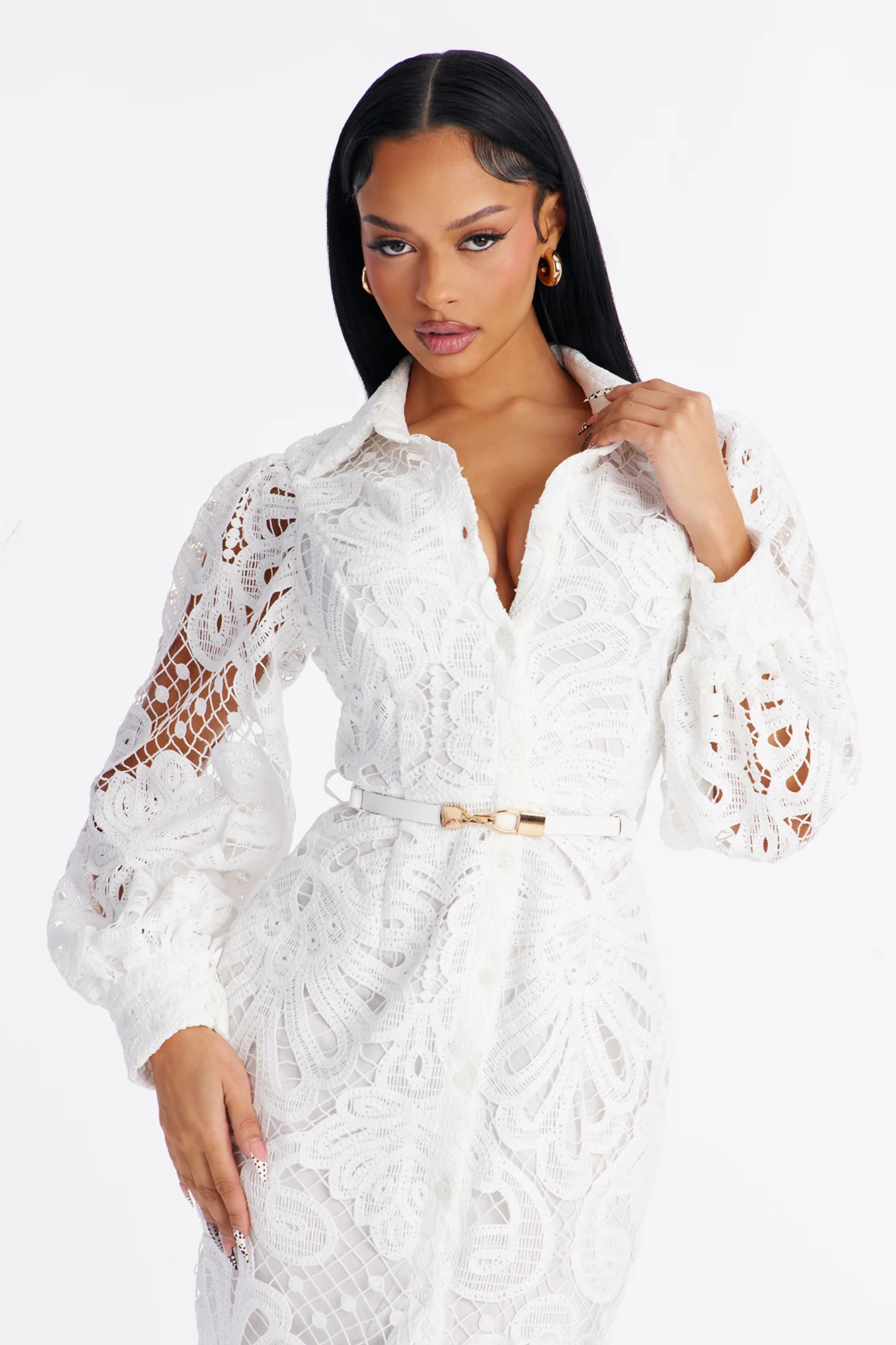 Annette Belted Lace Midi Dress - White - Image 2