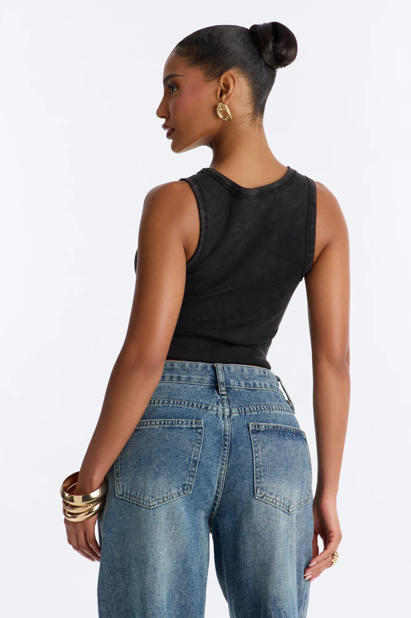 Annie Acid Washed Ribbed Crew Neck Tank Top - Black - Image 4