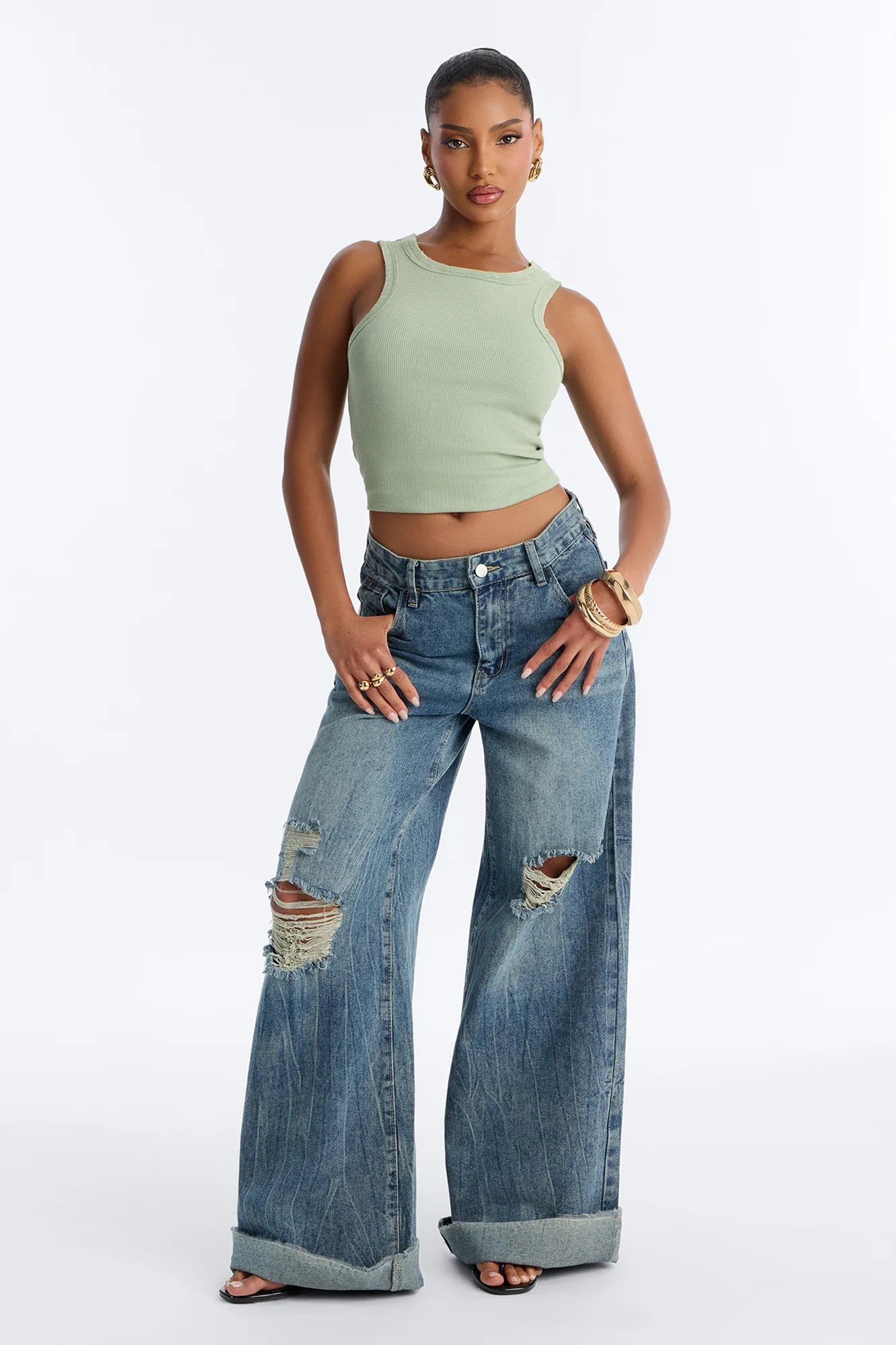 Annie Acid Washed Ribbed Crew Neck Tank Top - Sage - Image 2