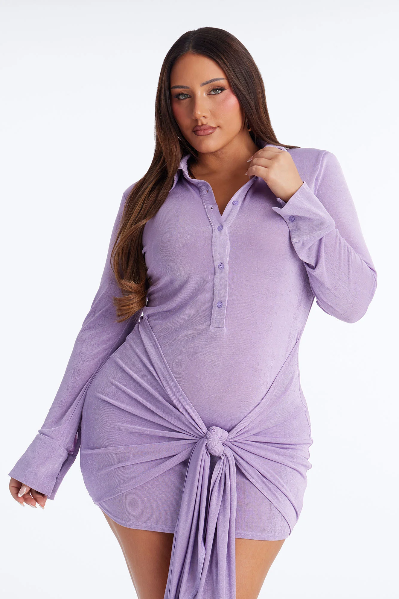 Annistyn Long Sleeve Slinky Mini Dress - Lavender - Image 6