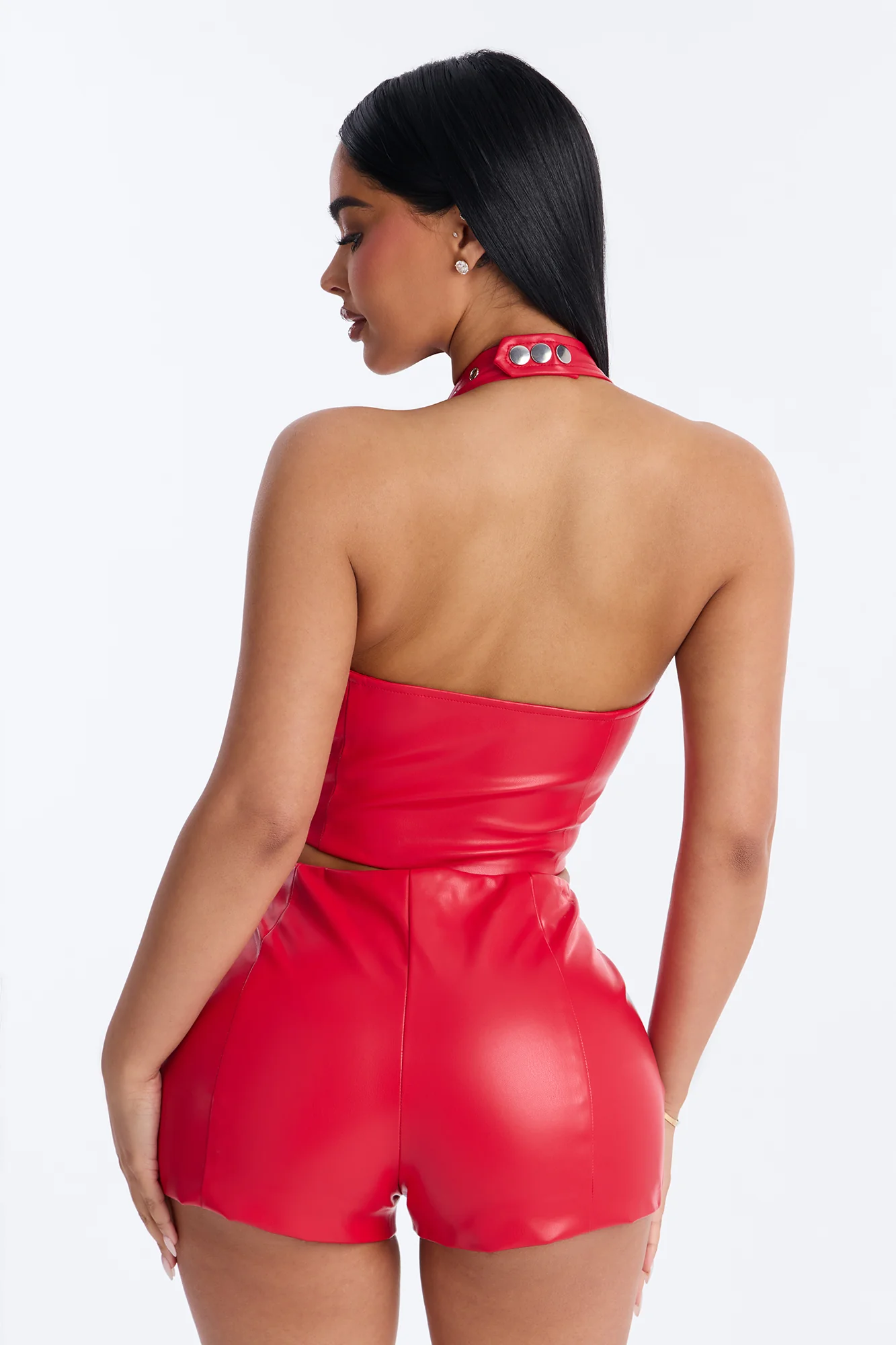 Another Level Halter Faux Leather Short Set - Red - Image 4