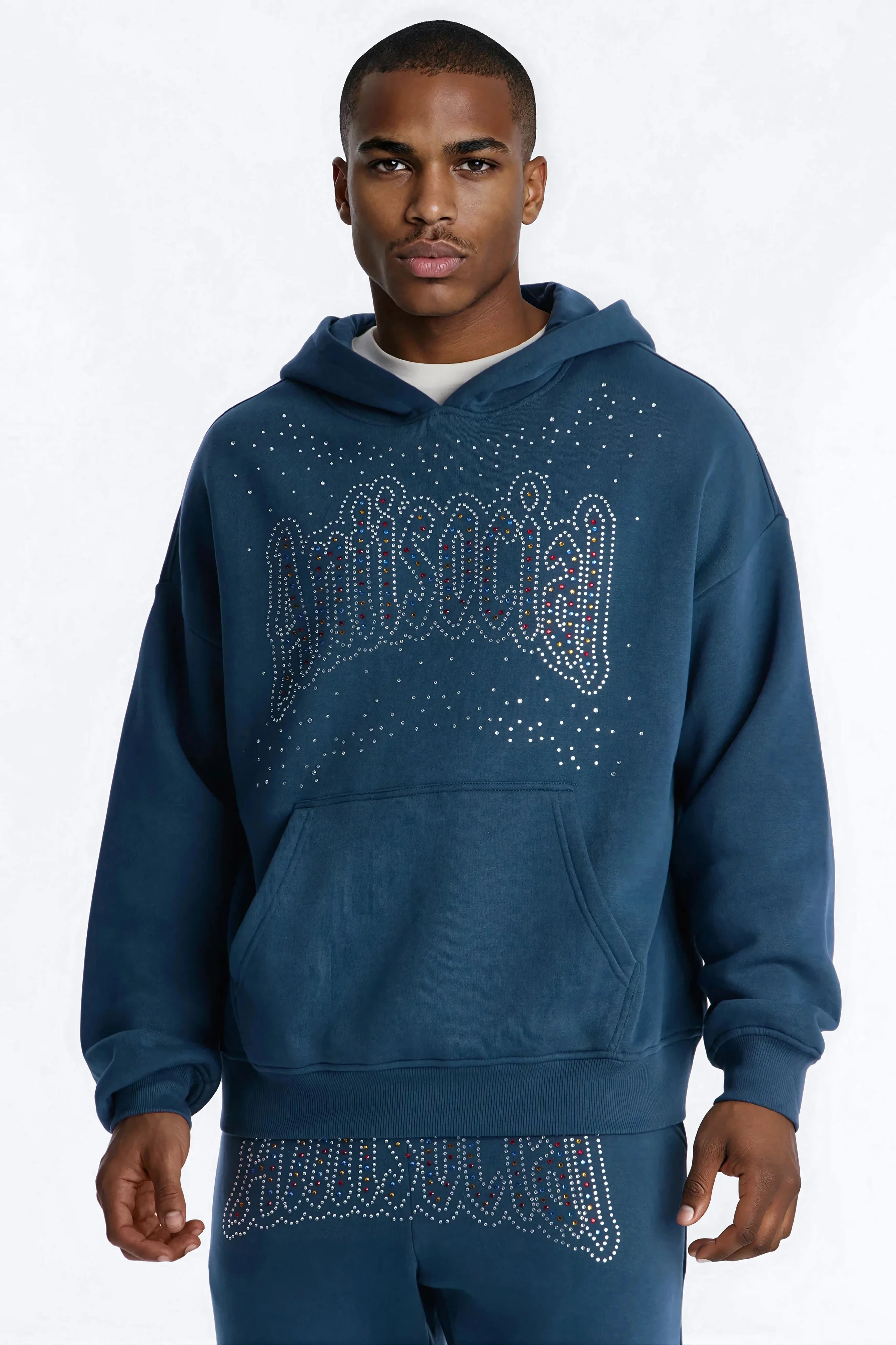 Antisocial Rhinestone Pearl Oversized Hoodie - Navy
