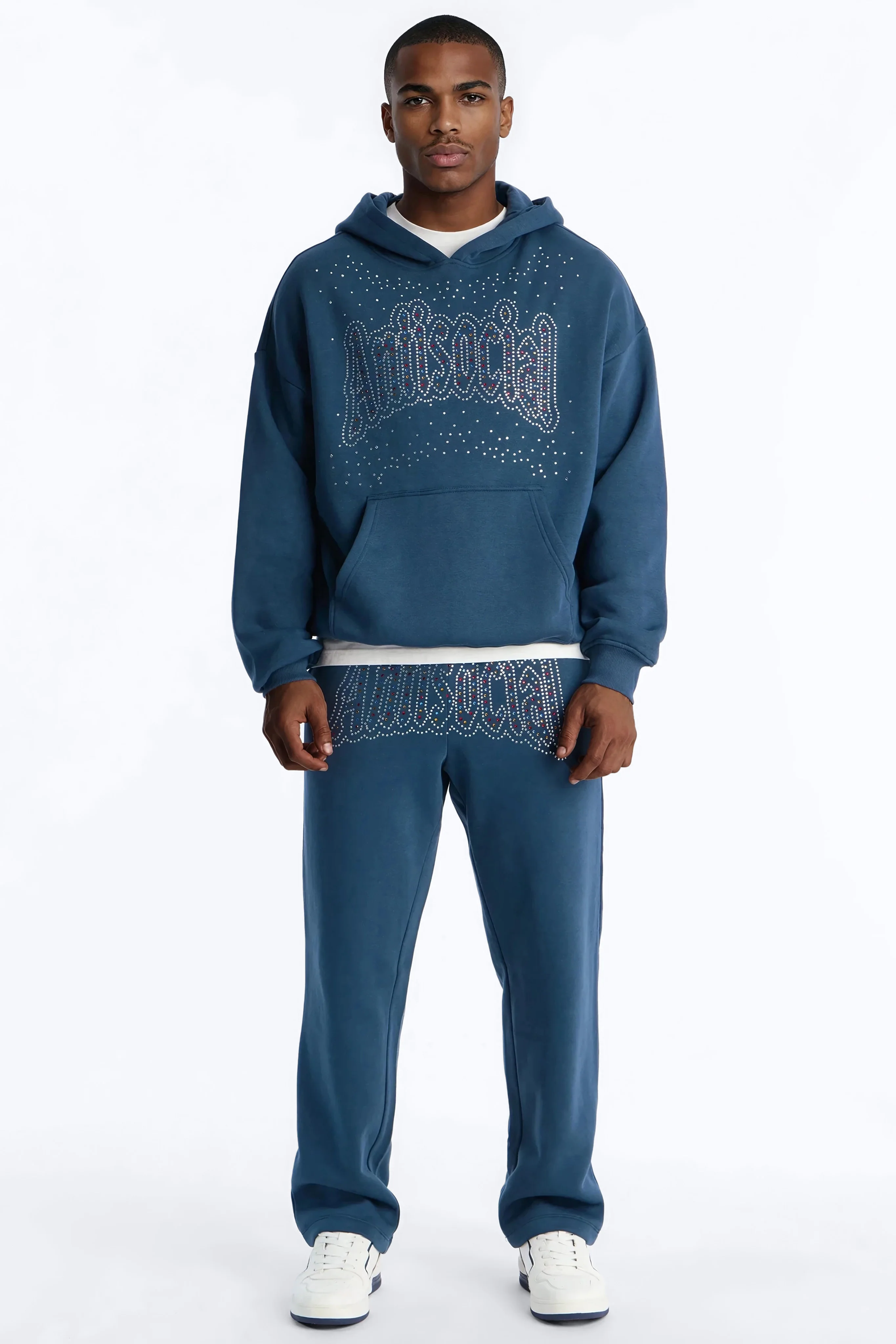 Antisocial Rhinestone Pearl Oversized Hoodie - Navy - Image 2