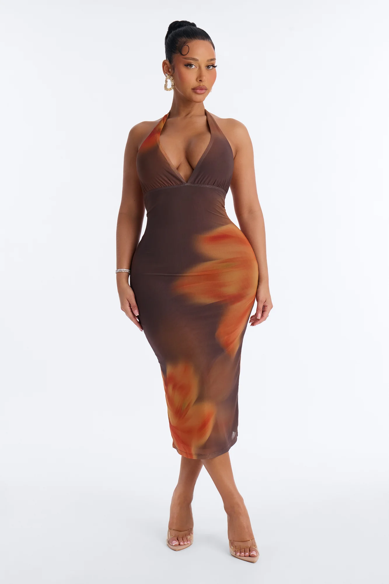 Antonia Floral Mesh Midi Dress - Brown/combo