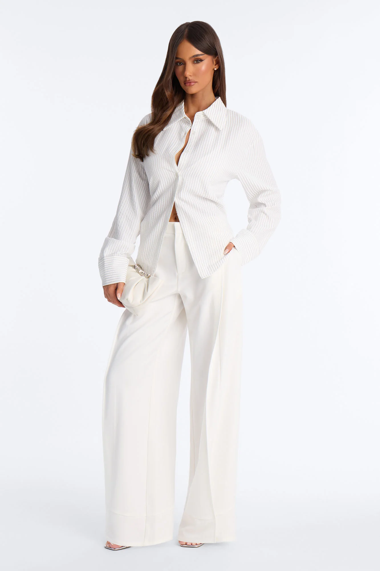 Anya Double Side Pleat Button Hem Trouser 33″ - White