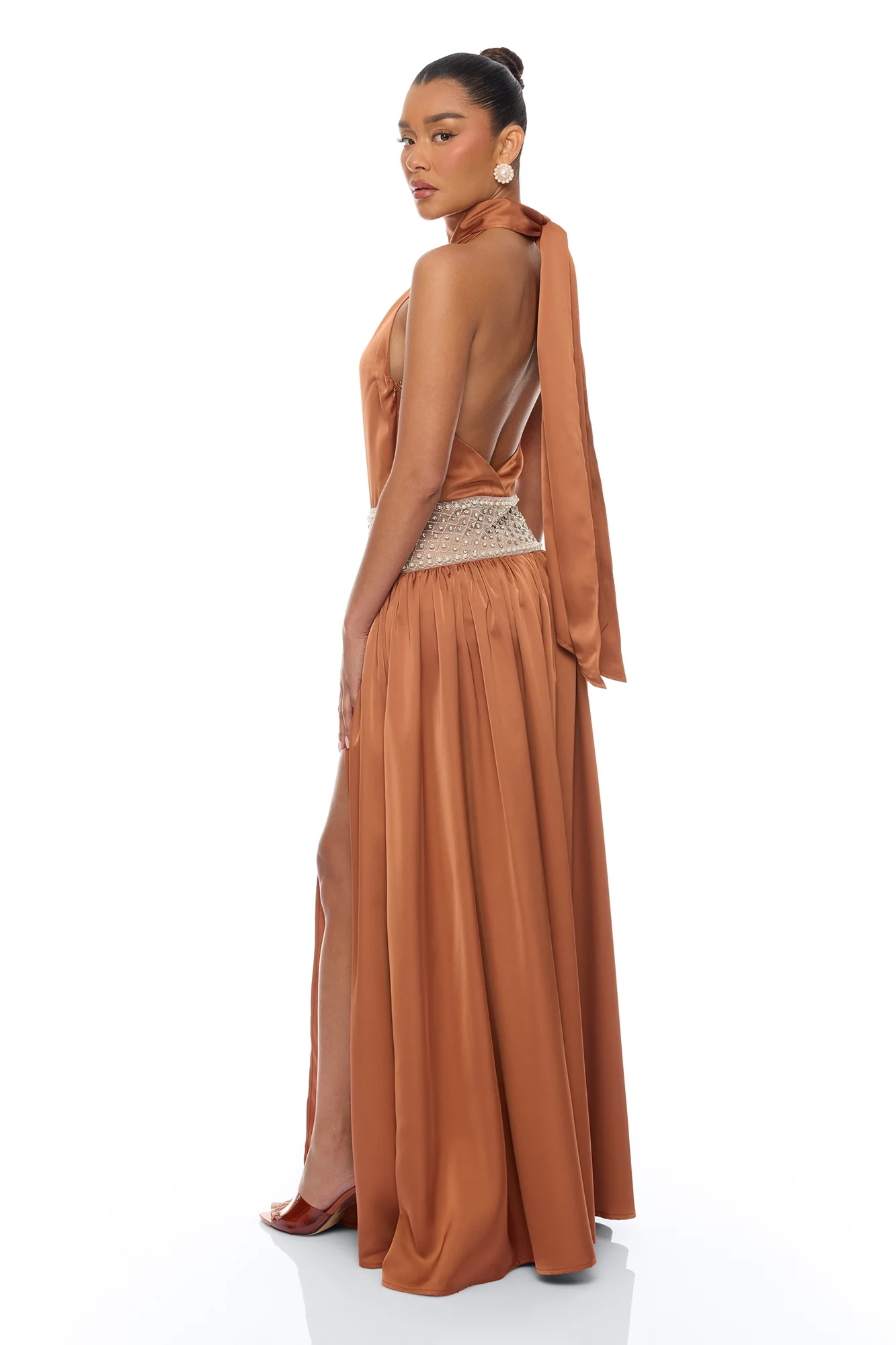 Anya Embellished Satin Maxi Dress - Bronze - Image 4