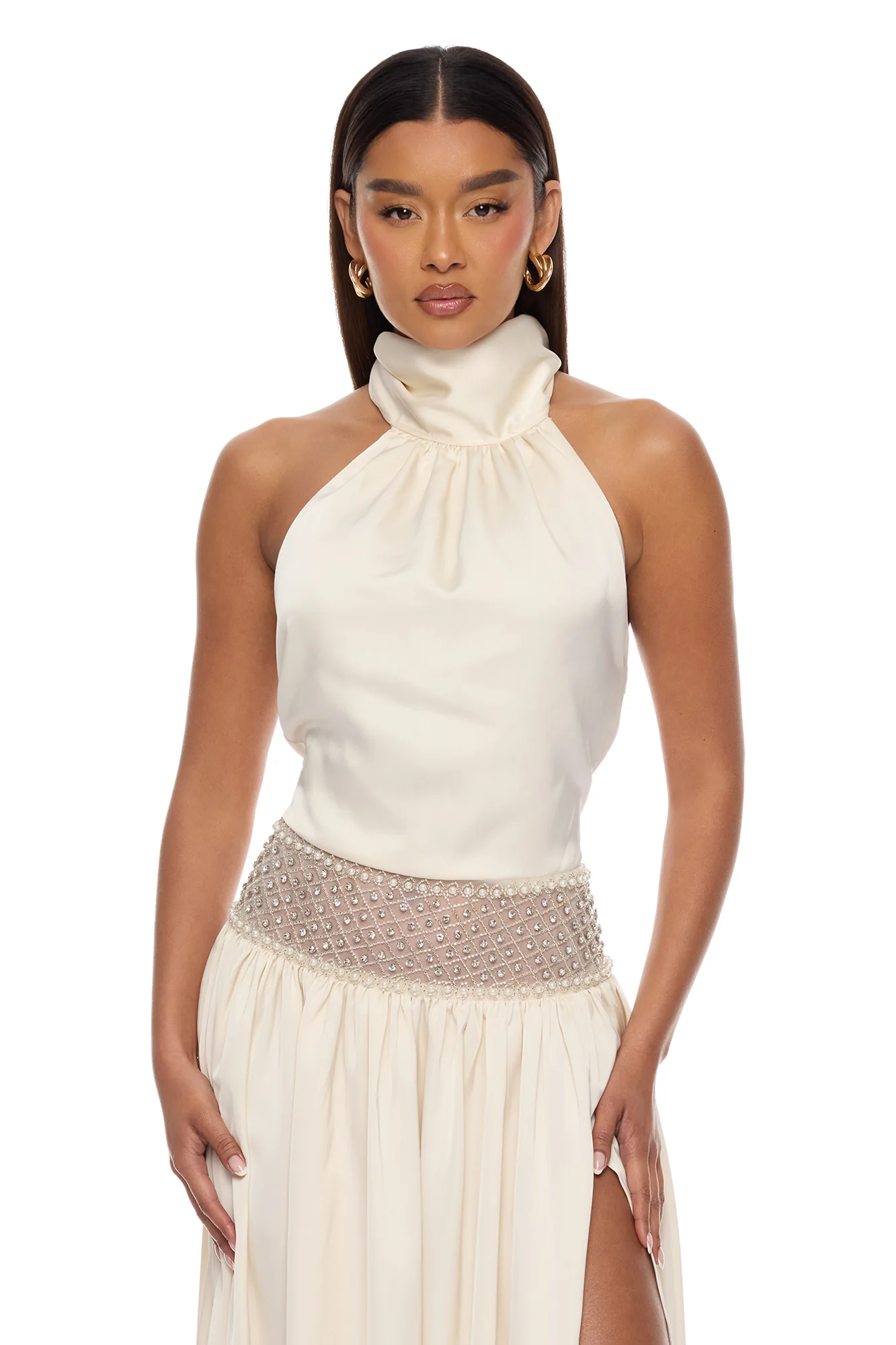 Anya Embellished Satin Maxi Dress - Cream - Image 2