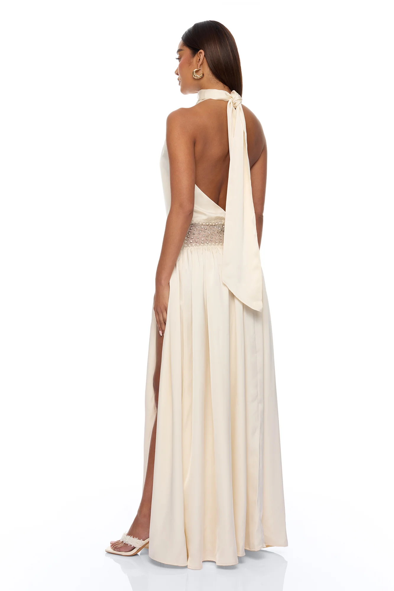 Anya Embellished Satin Maxi Dress - Cream - Image 4