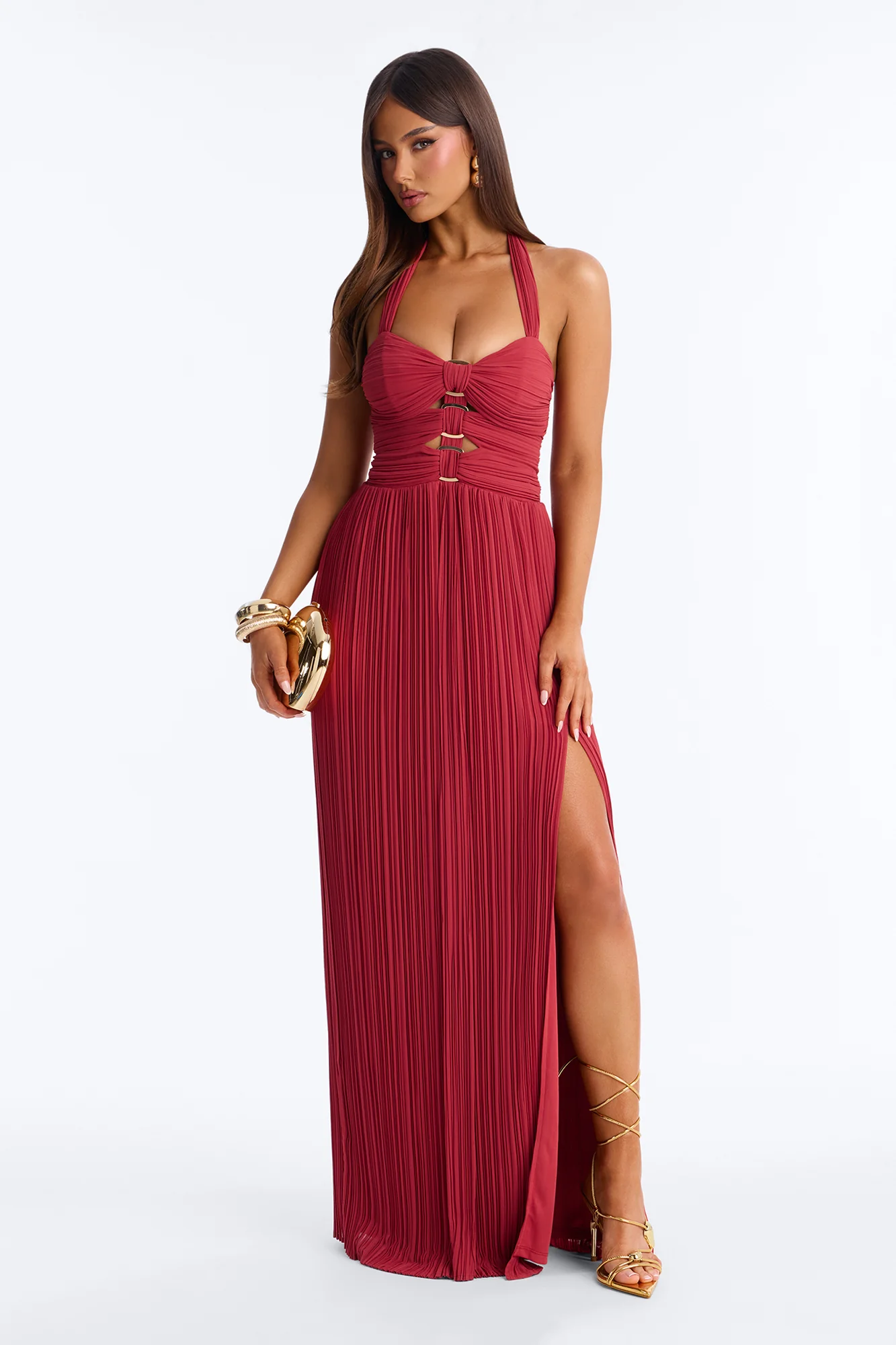 Anya Halter Pleated Gown - Marsala
