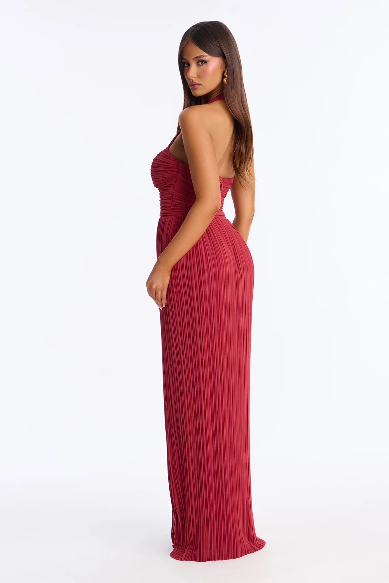 Anya Halter Pleated Gown - Marsala - Image 4
