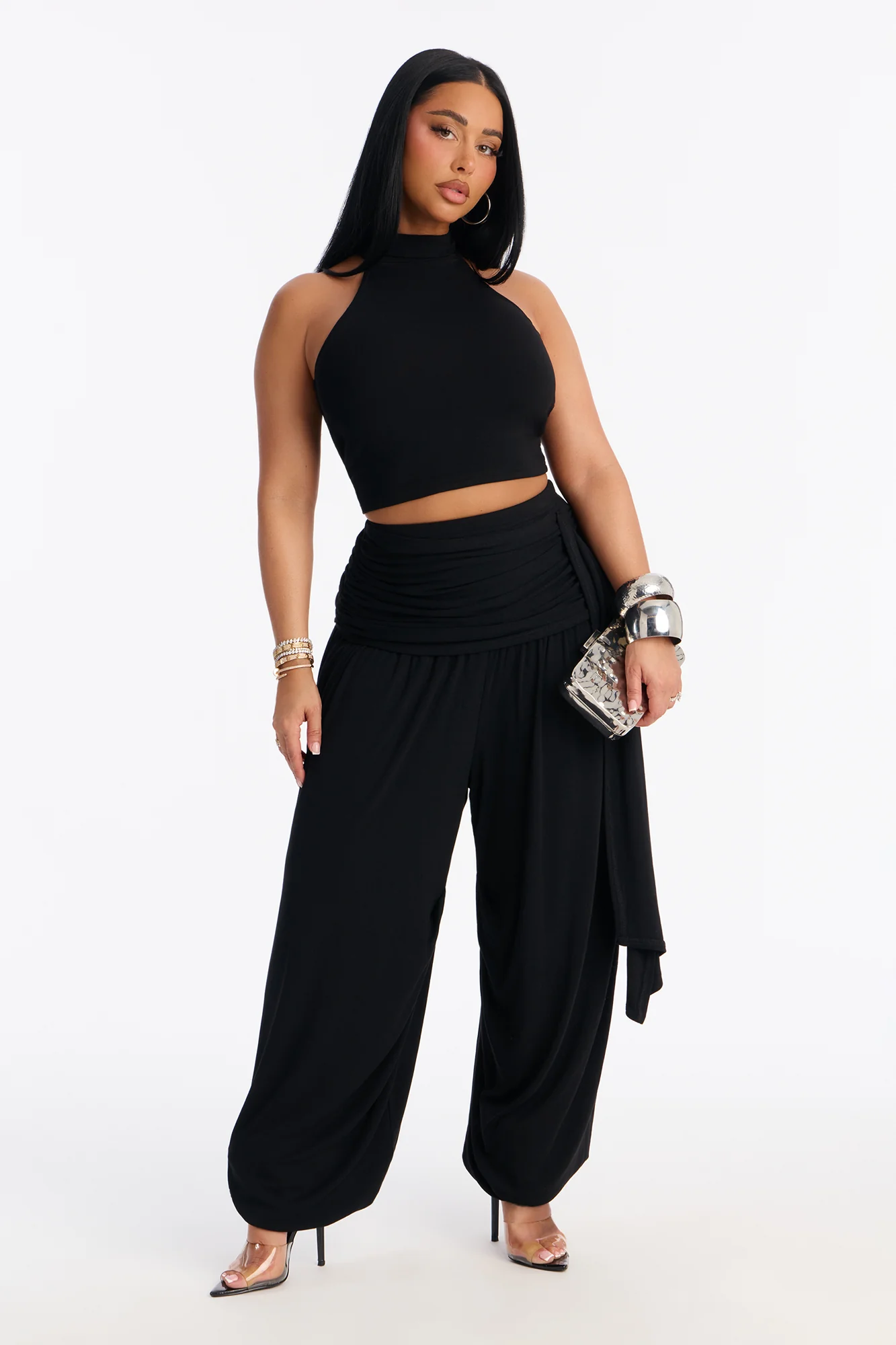 Anya Mock Neck Balloon Pant Set - Black