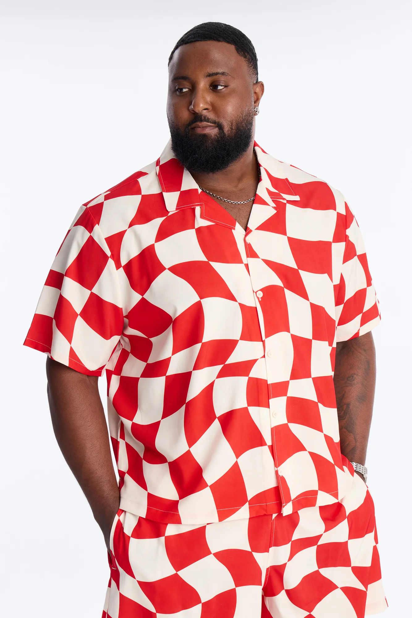 Apex Sector Checkered Cuban Collar Button Up - Red - Image 5