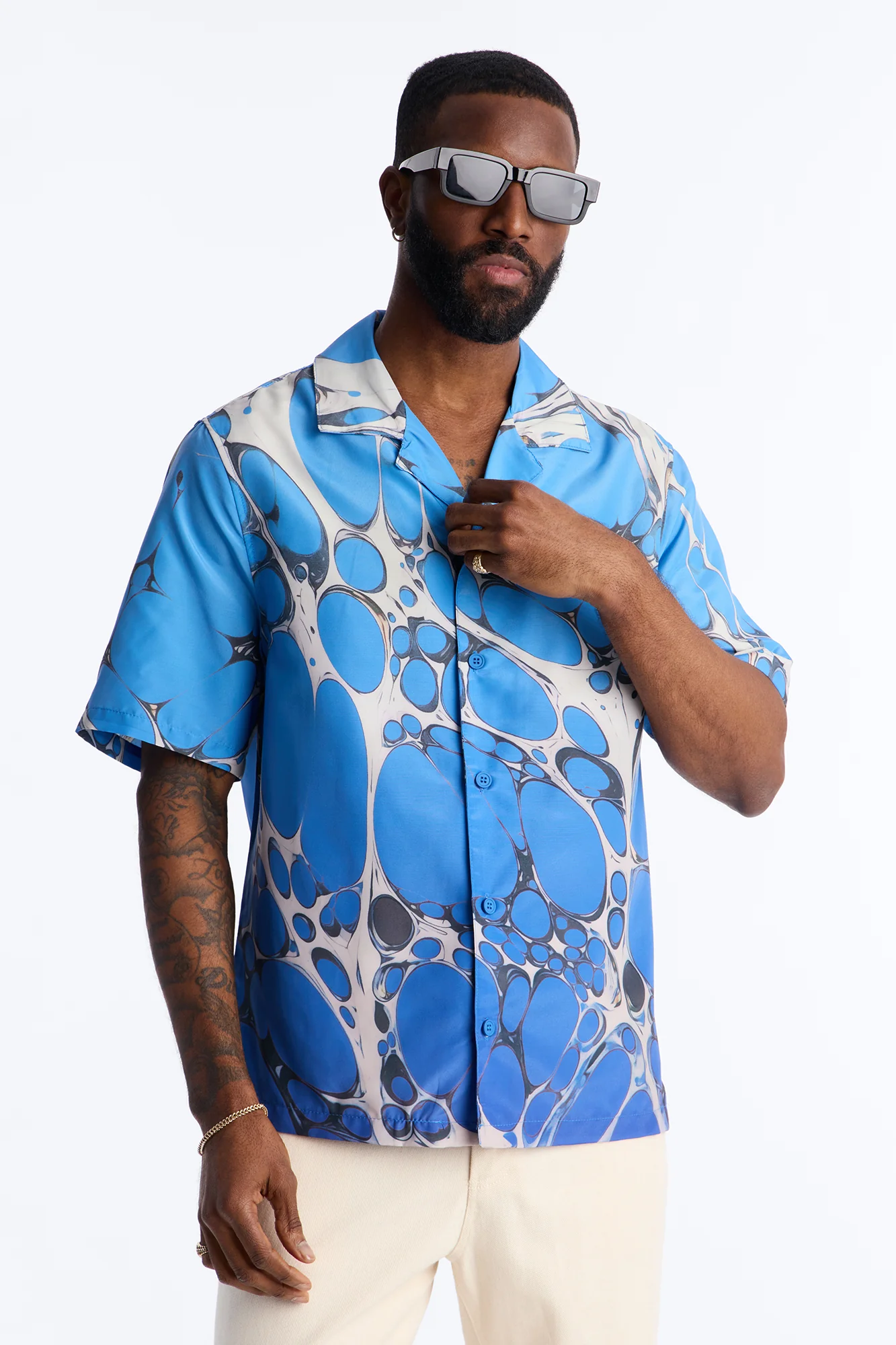 Aqua Drip Cuban Collar Button Up Shirt - Blue