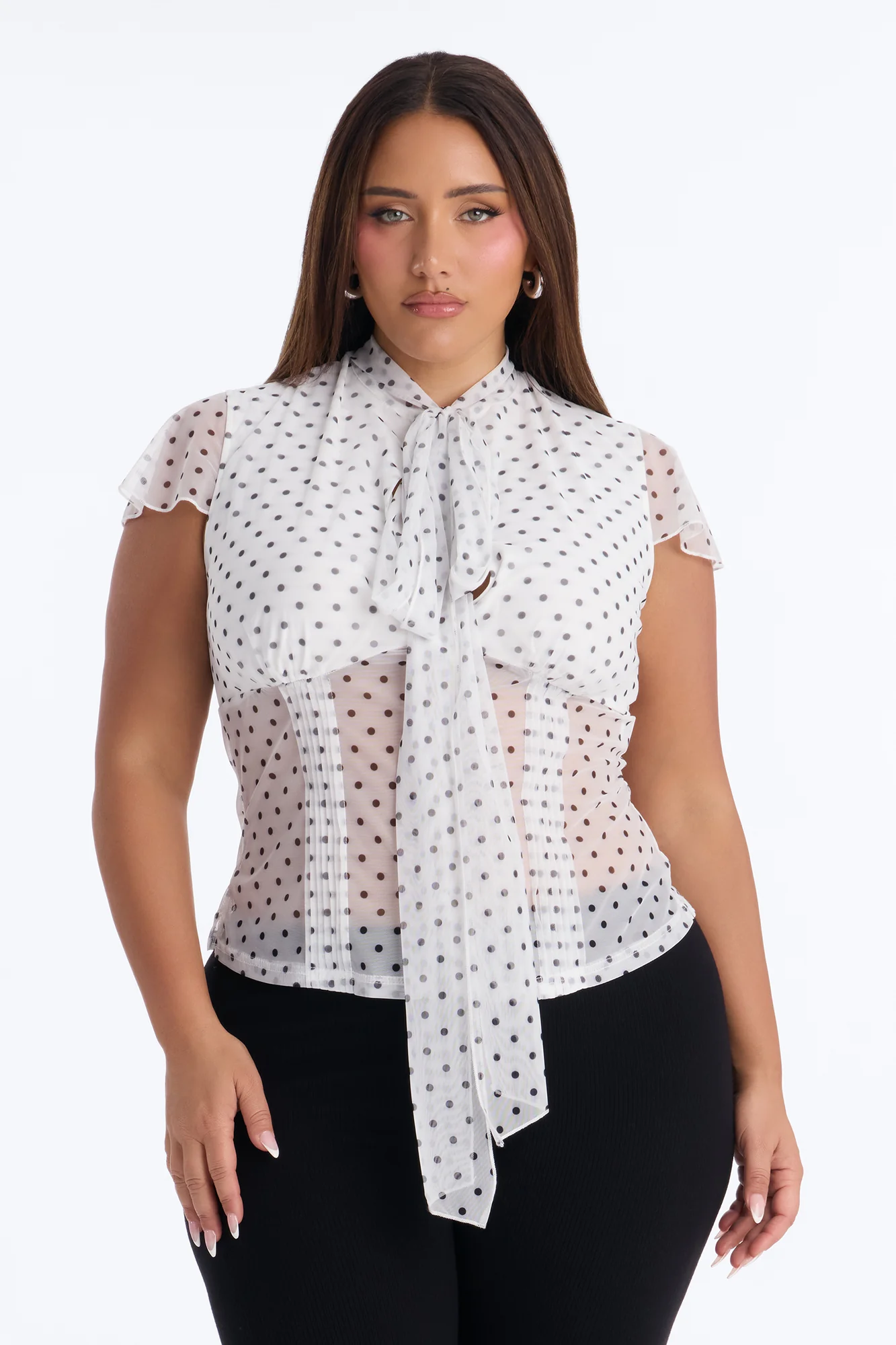 Arabelle Polka Dot Mesh Short Sleeve Top - White/Black - Image 4