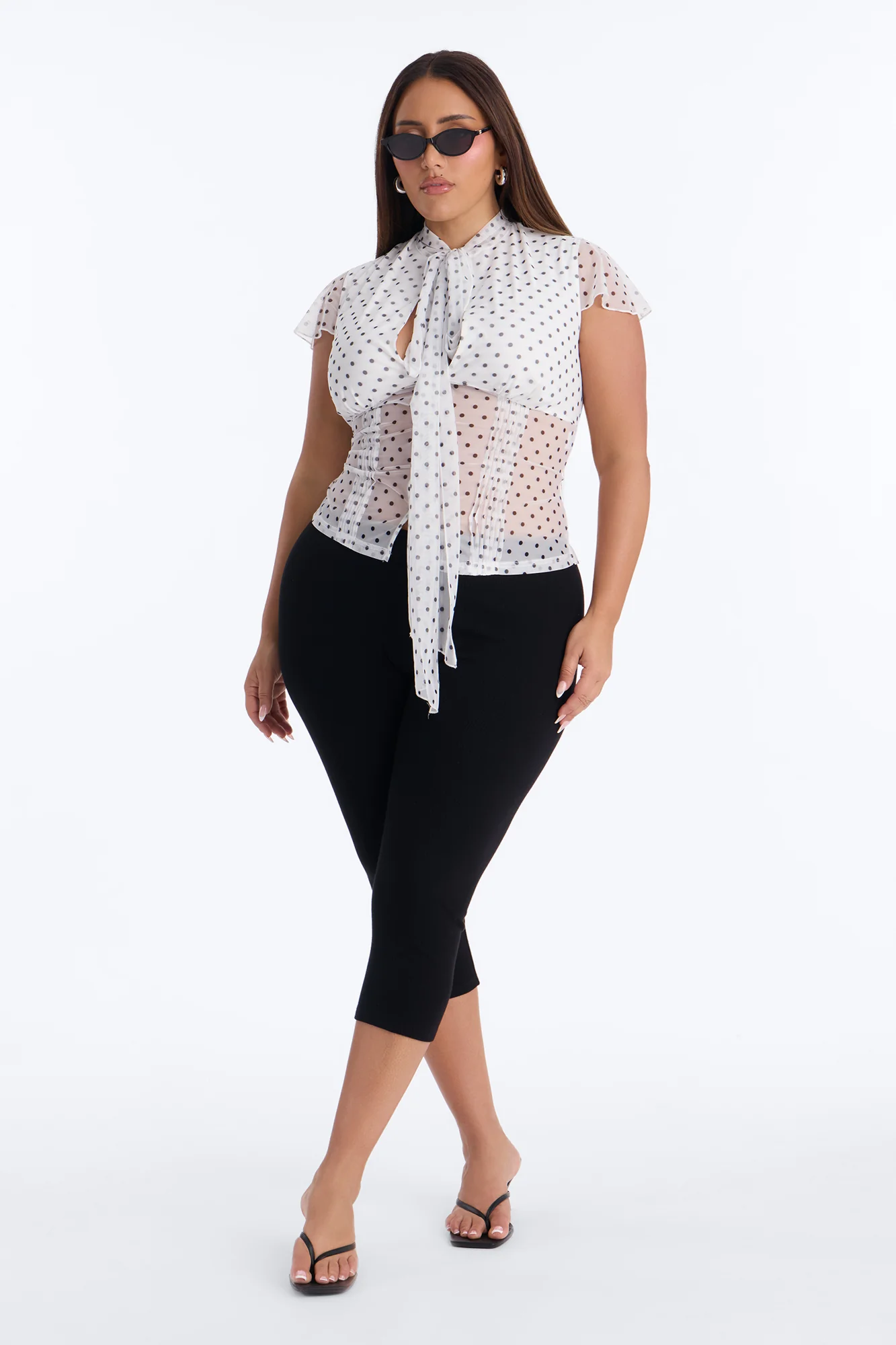 Arabelle Polka Dot Mesh Short Sleeve Top - White/Black - Image 5