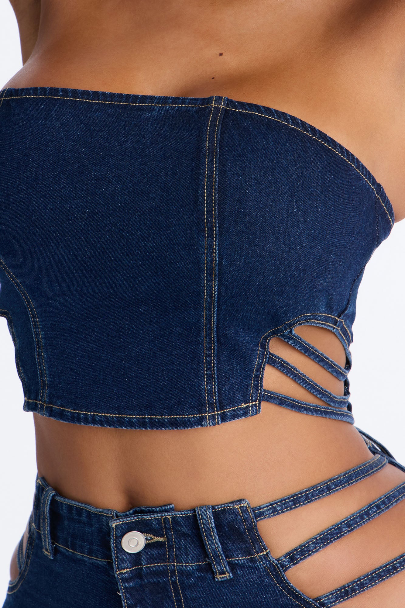 Arazia Denim Cut Out Pant Set - Dark Denim - Image 3