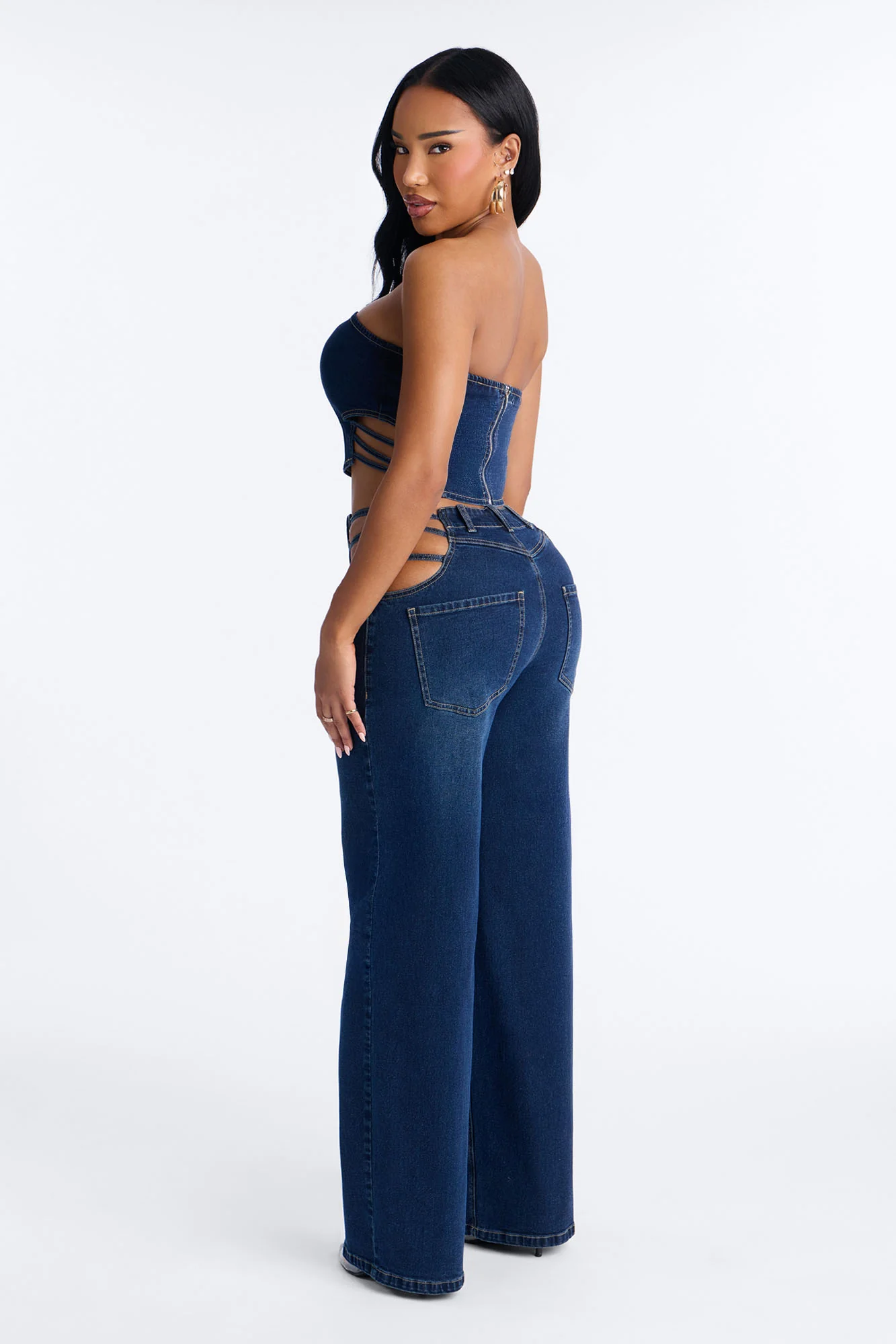 Arazia Denim Cut Out Pant Set - Dark Denim - Image 4