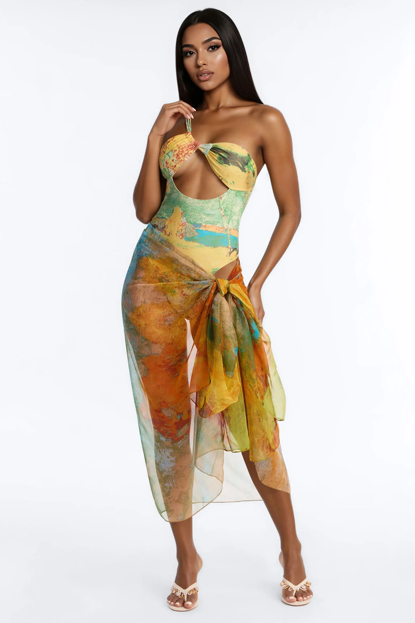 Areli Abstract One shoulder Cut Out 1 Piece Swimsuit & Sarong Set - Green/combo