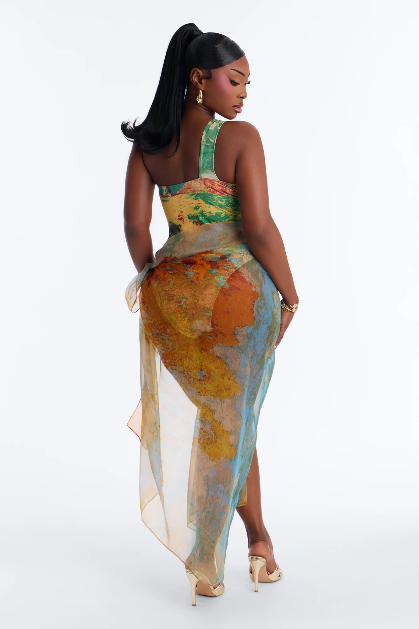 Areli Abstract One shoulder Cut Out 1 Piece Swimsuit & Sarong Set - Green/combo - Image 11