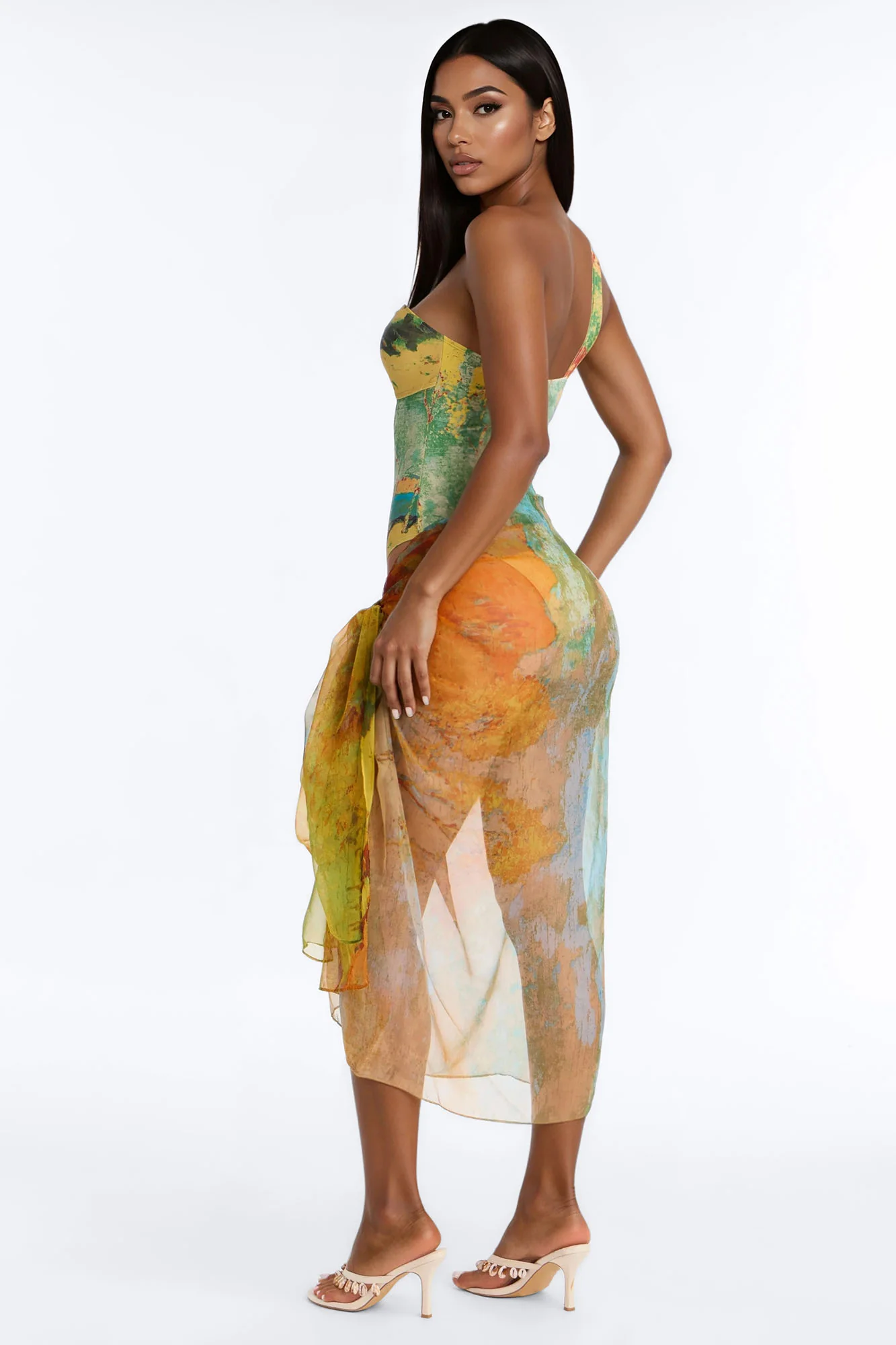 Areli Abstract One shoulder Cut Out 1 Piece Swimsuit & Sarong Set - Green/combo - Image 6