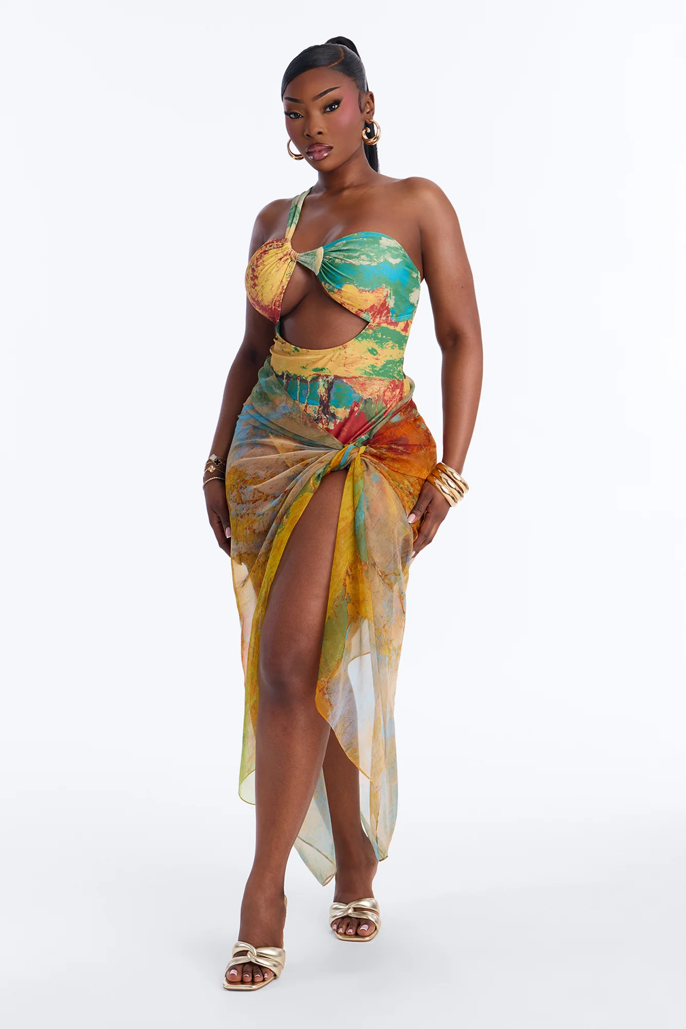 Areli Abstract One shoulder Cut Out 1 Piece Swimsuit & Sarong Set - Green/combo - Image 7