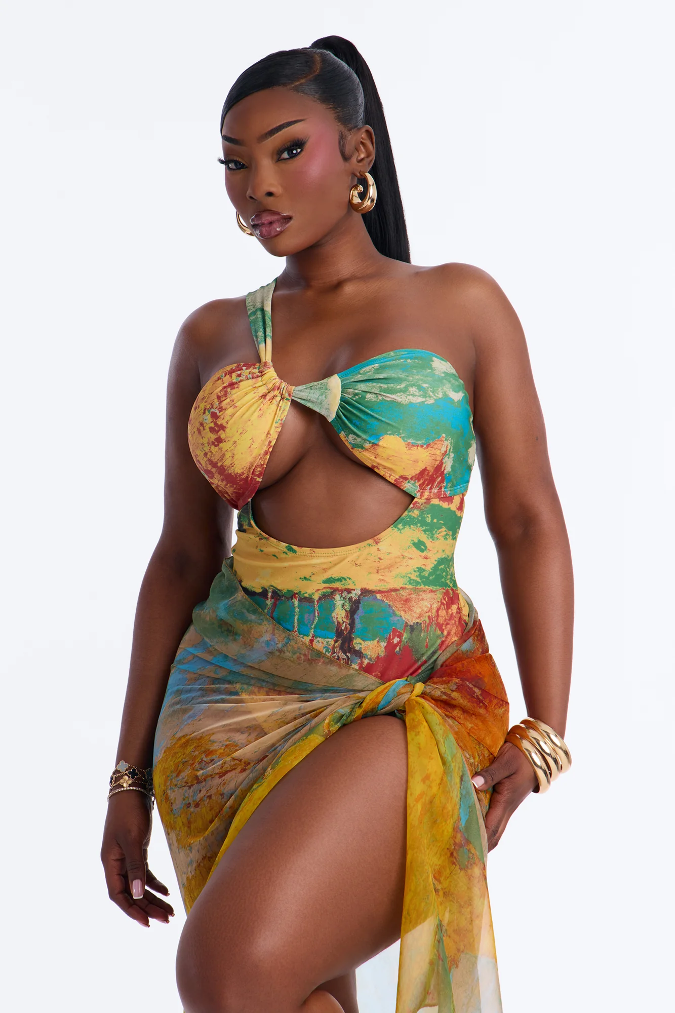Areli Abstract One shoulder Cut Out 1 Piece Swimsuit & Sarong Set - Green/combo - Image 9
