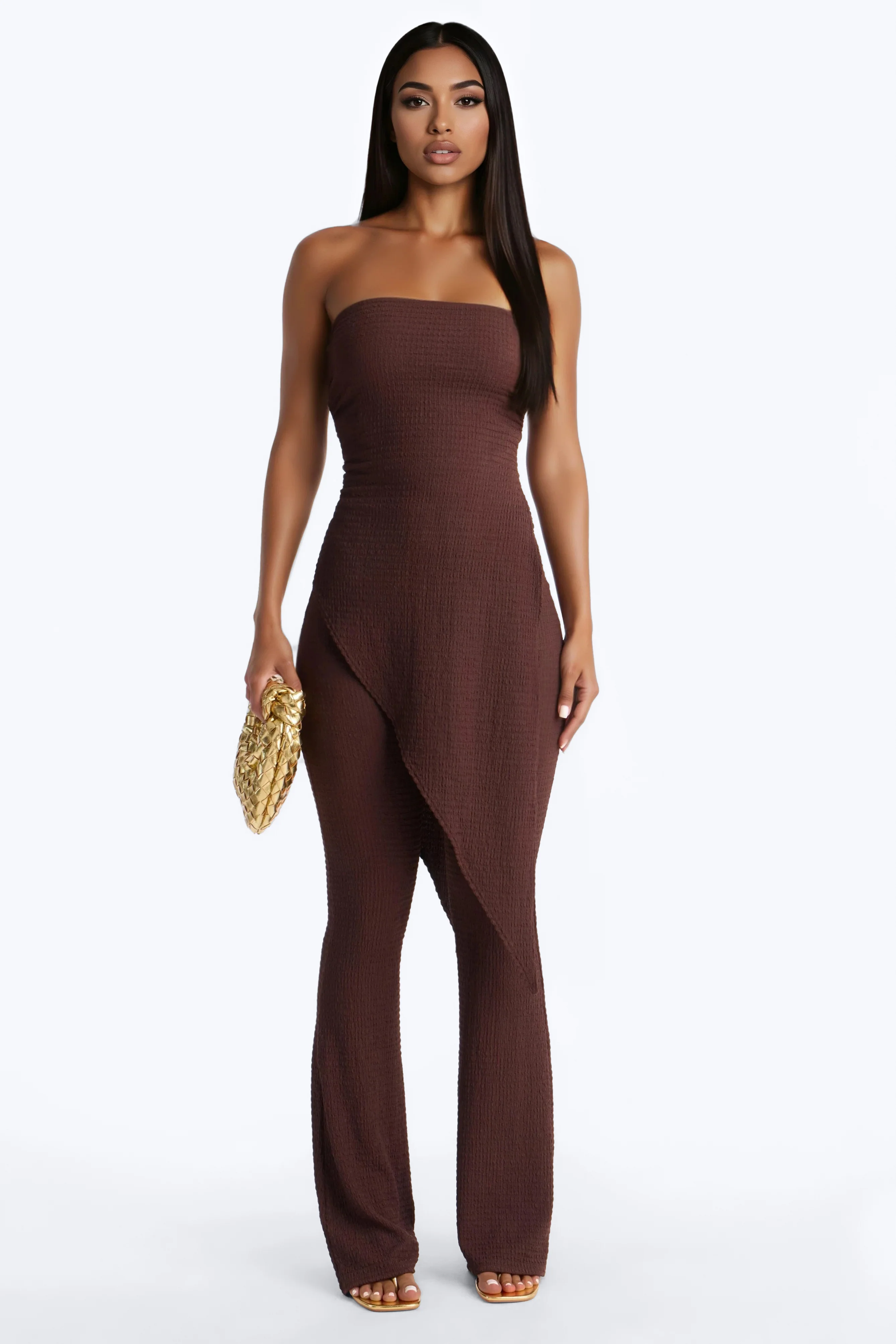 Ari Asymmetrical Strapless Jumpsuit - Chocolate