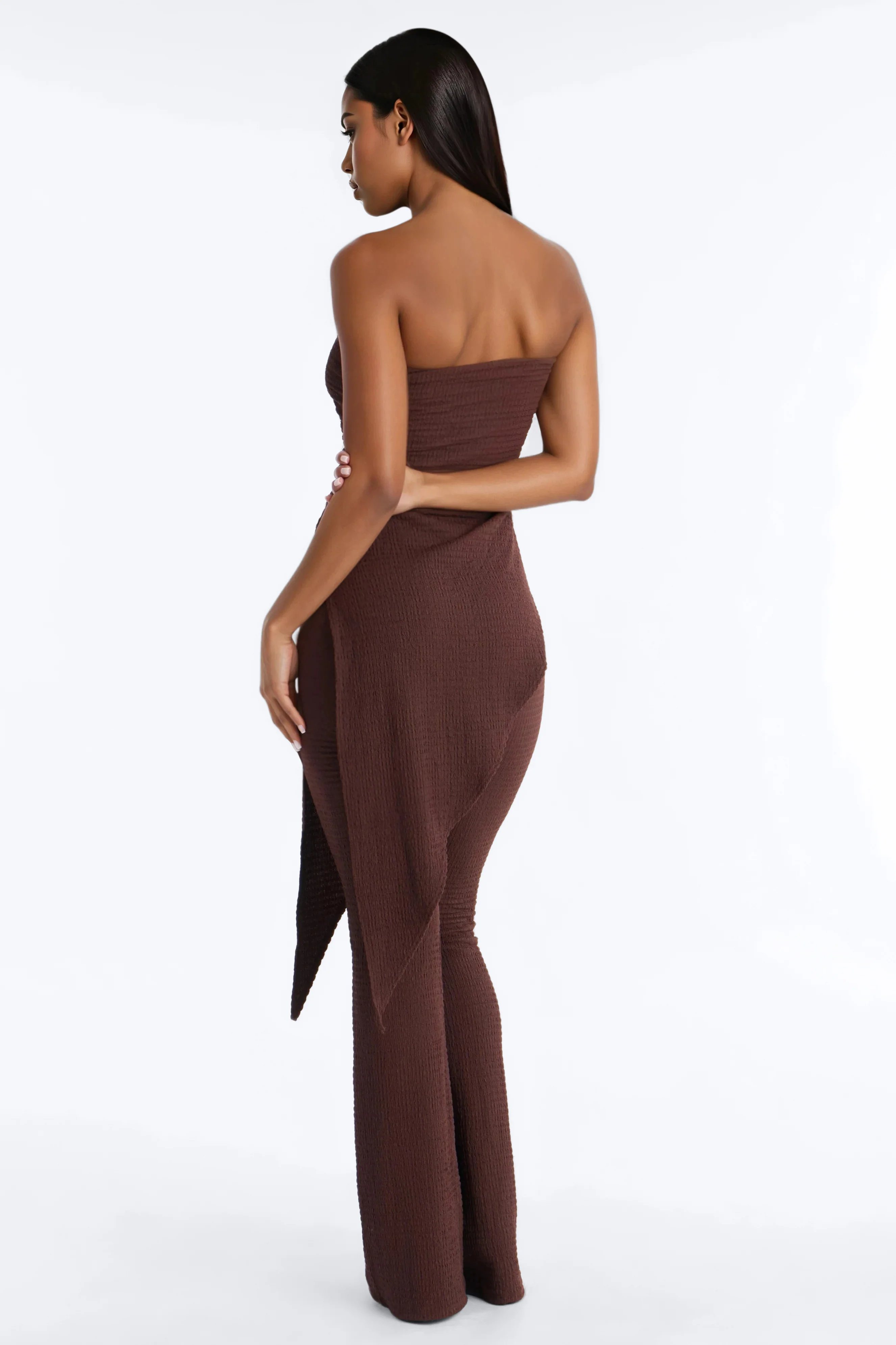 Ari Asymmetrical Strapless Jumpsuit - Chocolate - Image 4