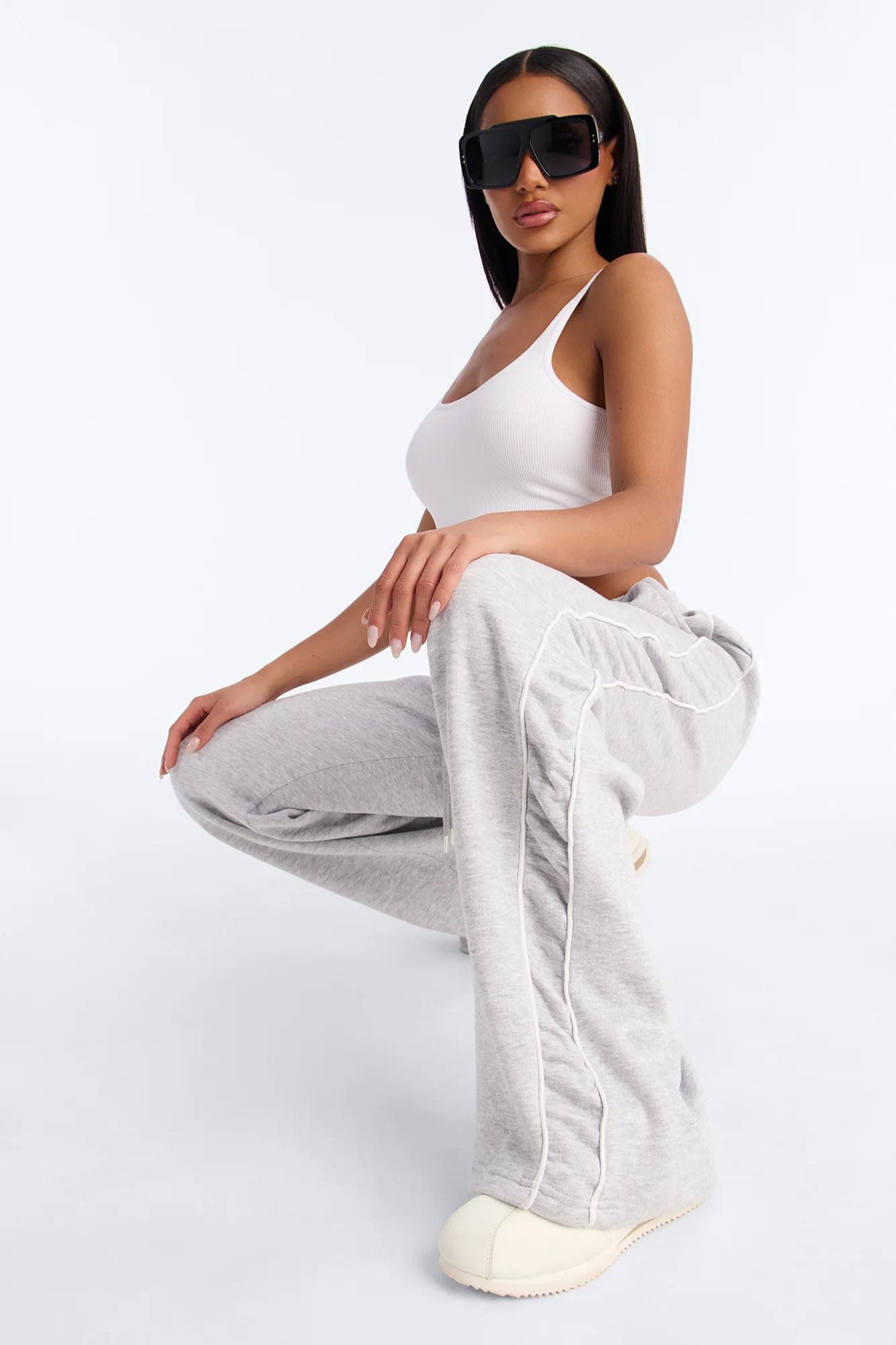 Ari Ruched Wide Leg Fleece Pant - Heather Grey