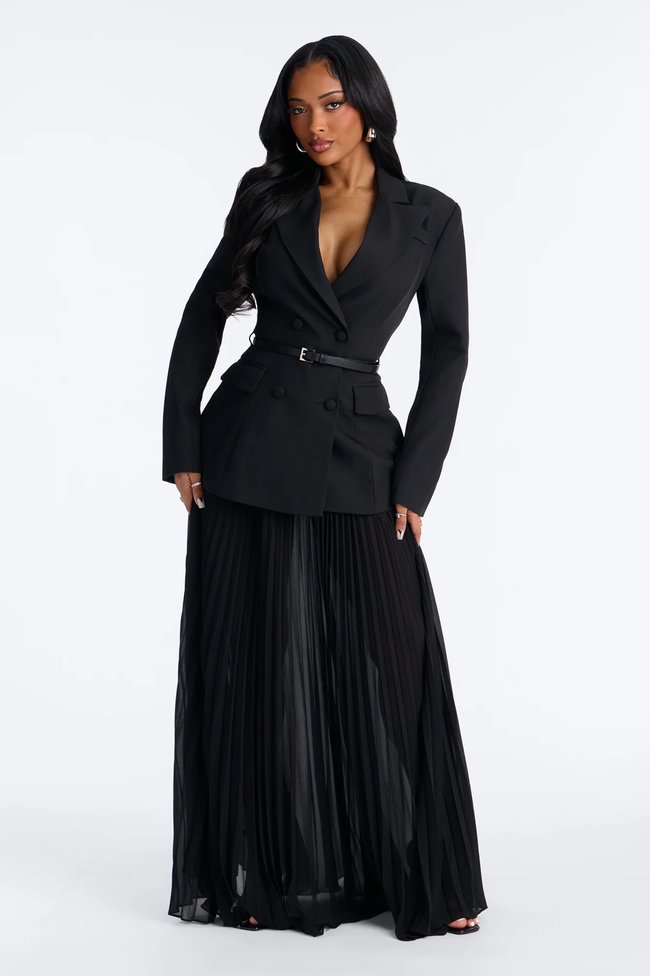 Aria Belted Long Sleeve Blazer Pleated Skirt Set - Black