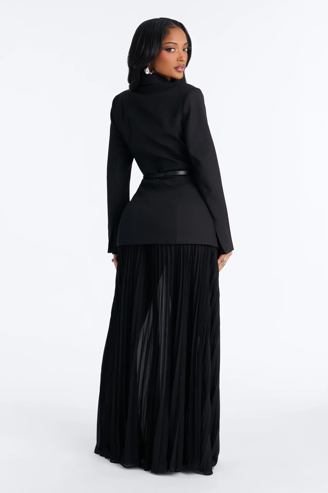Aria Belted Long Sleeve Blazer Pleated Skirt Set - Black - Image 4