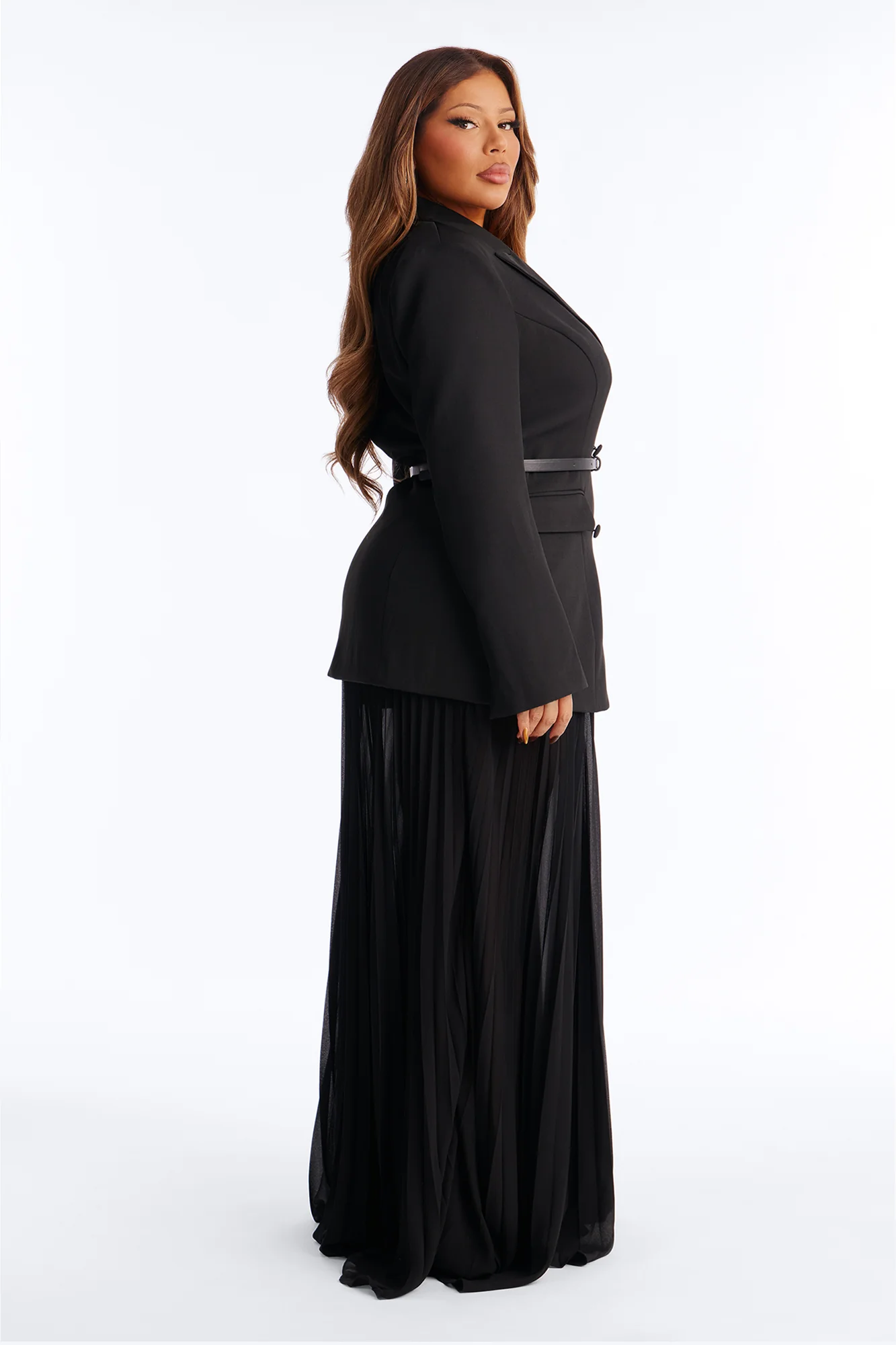 Aria Belted Long Sleeve Blazer Pleated Skirt Set - Black - Image 8