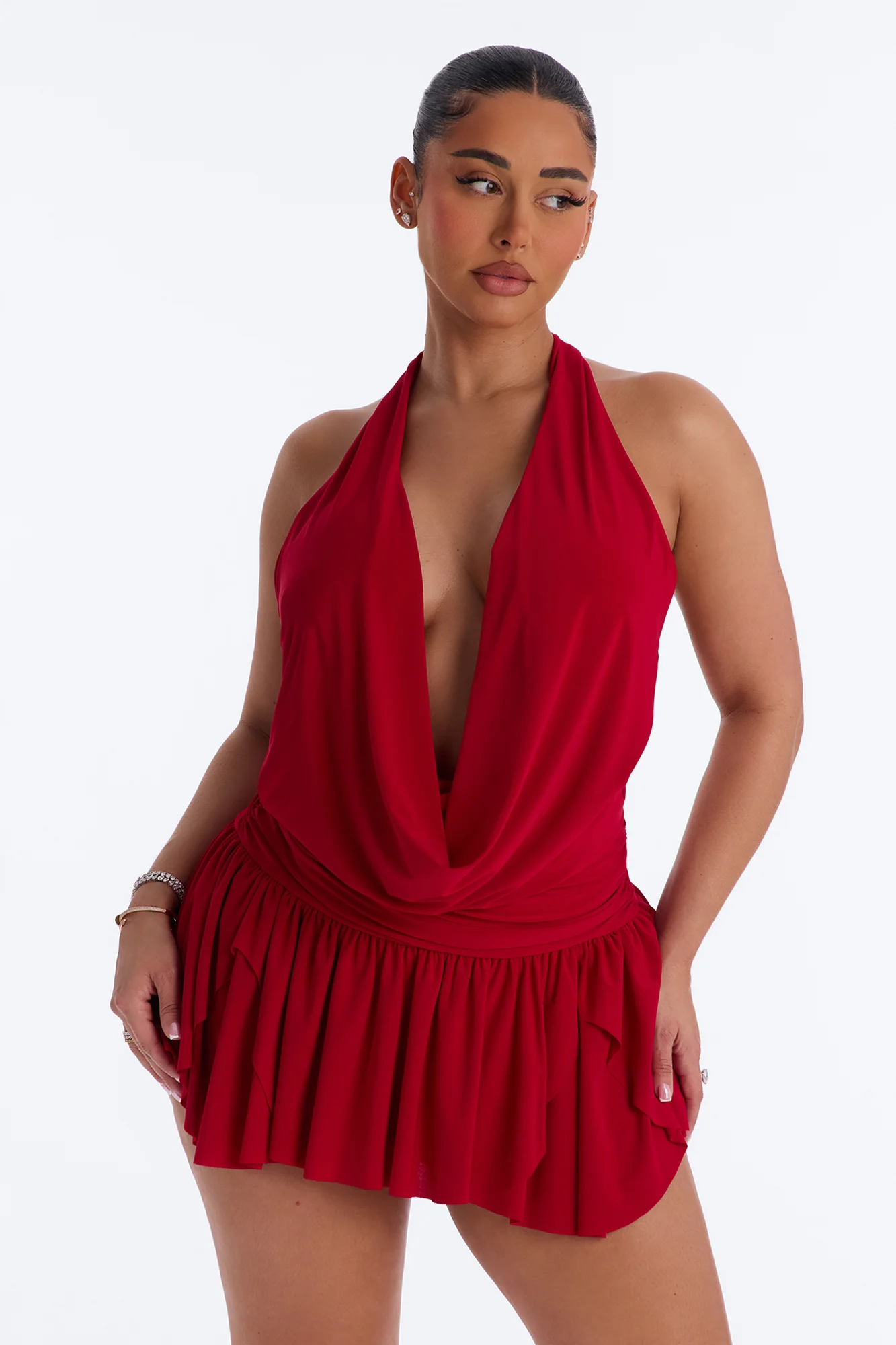 Aria Cowl Neck Mini Dress - Red
