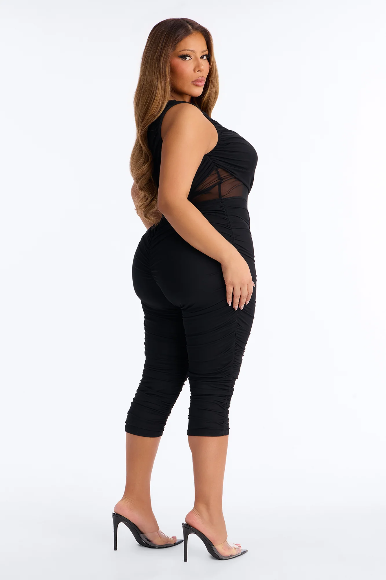 Aria Mesh Cut Out Capri Catsuit - Black - Image 8