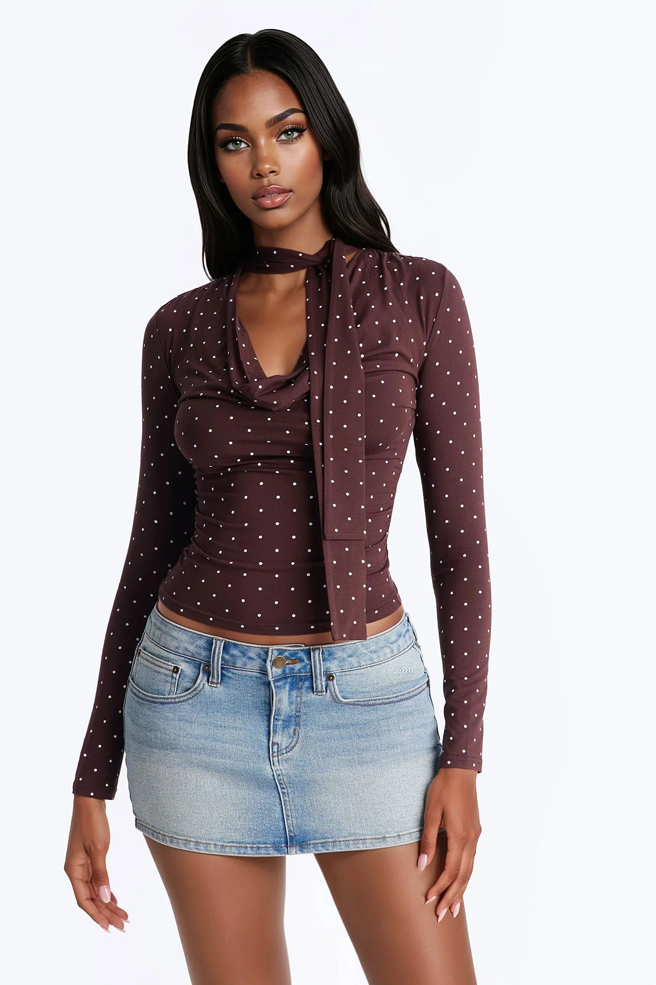 Aria Polka Dot Long Sleeve Top - Brown/combo