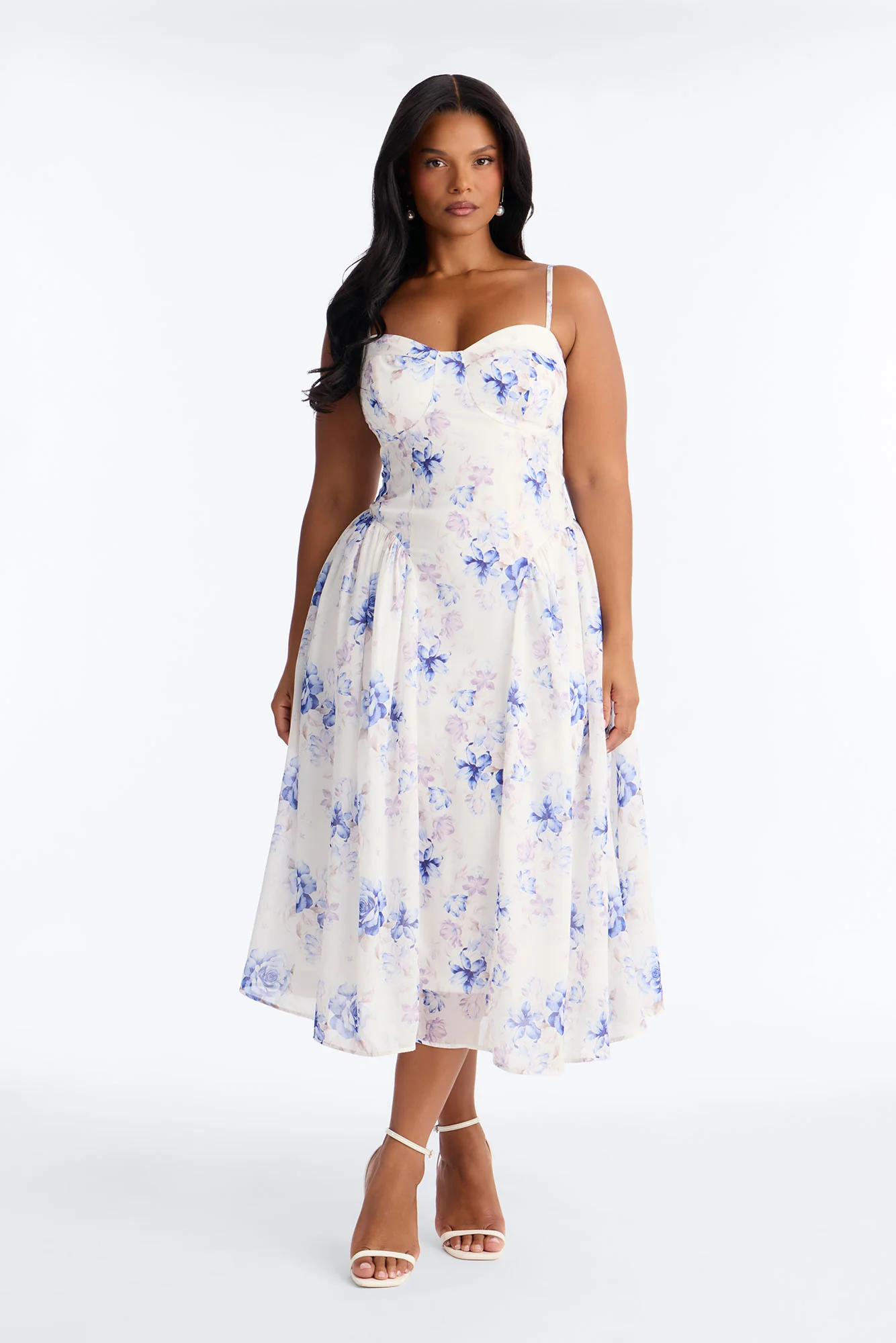 Ariana Floral Chiffon Midi Dress - White/Blue - Image 3