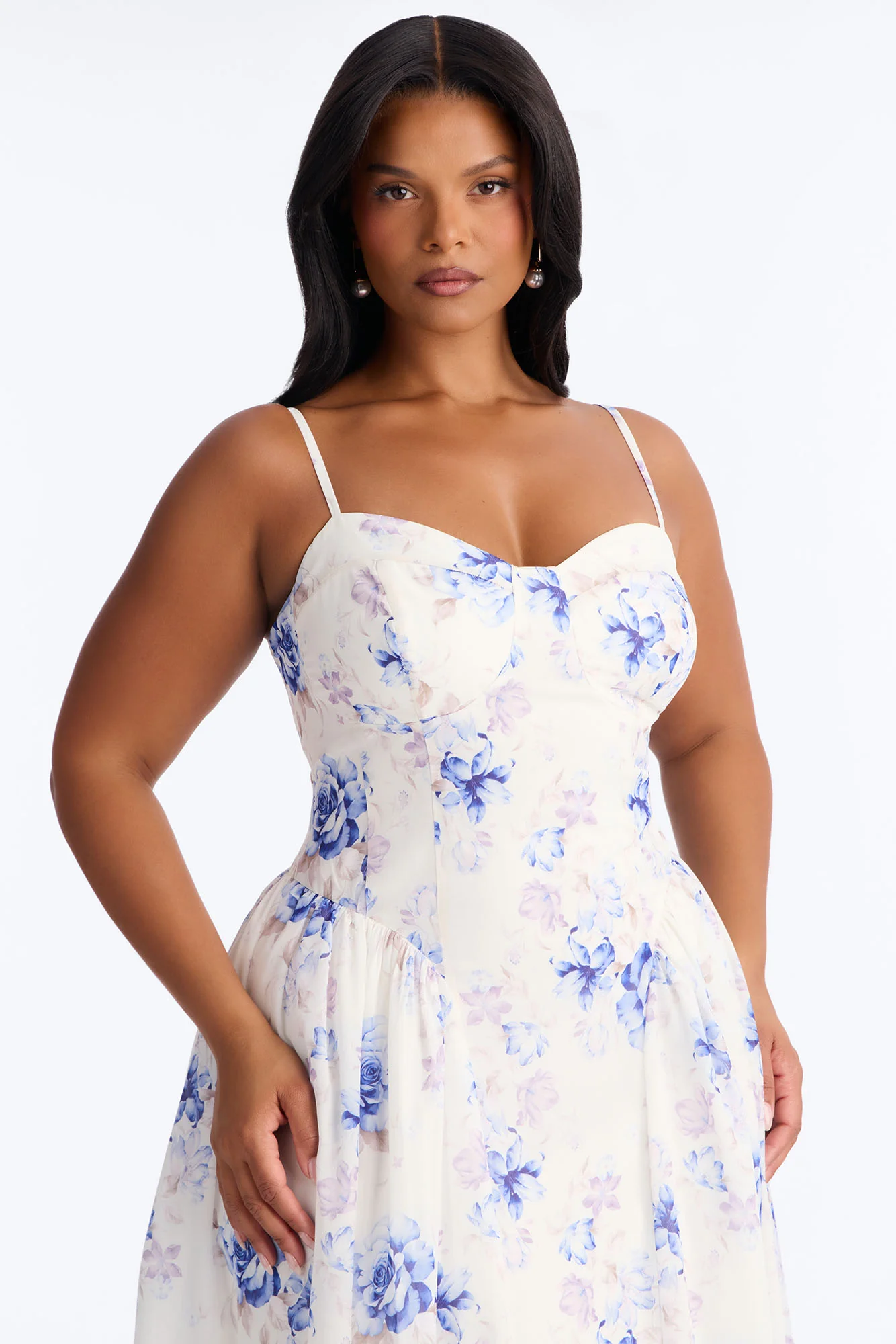 Ariana Floral Chiffon Midi Dress - White/Blue - Image 4