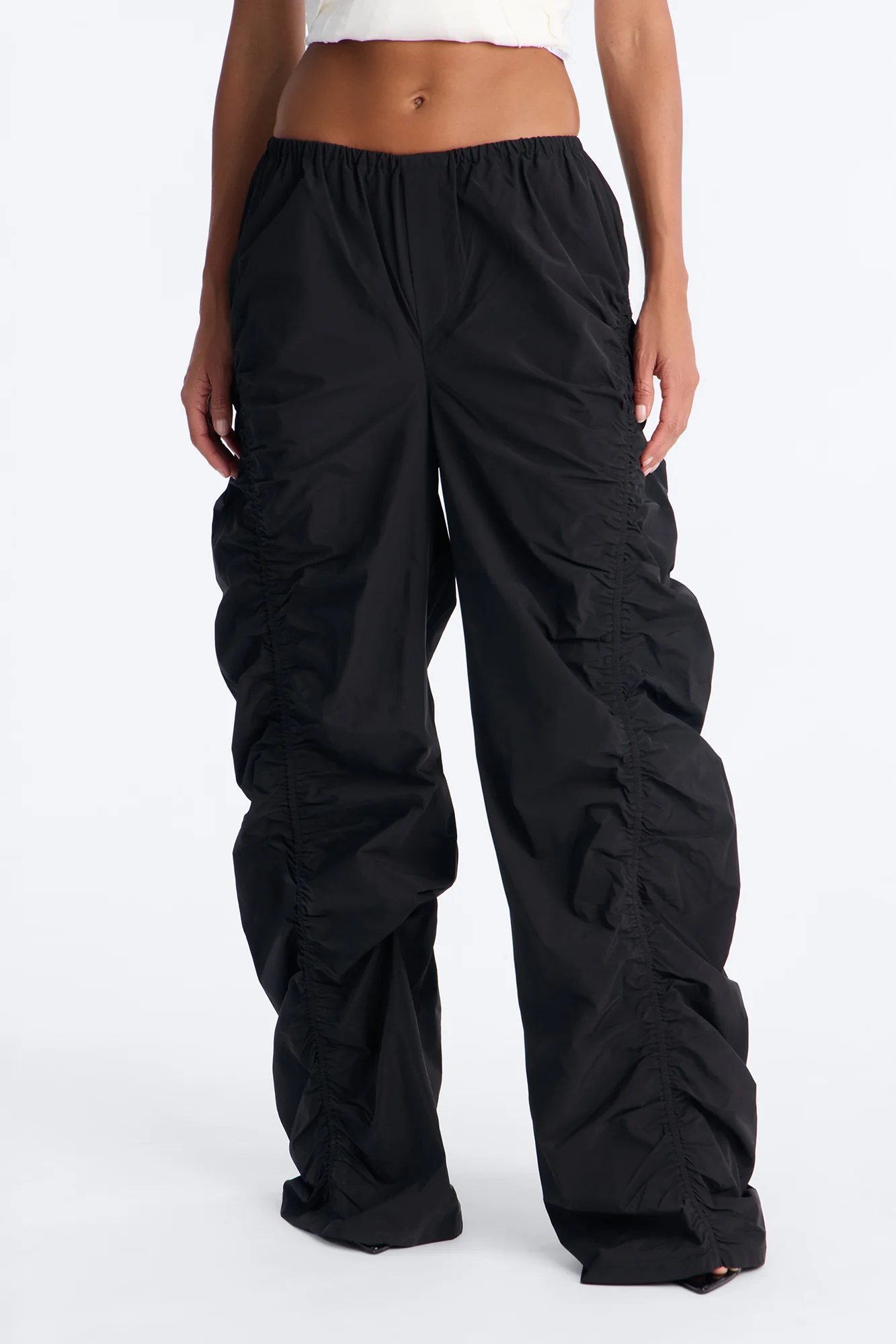 Ariana Low Rise Ruched Stacked Nylon Pant 33″ - Black