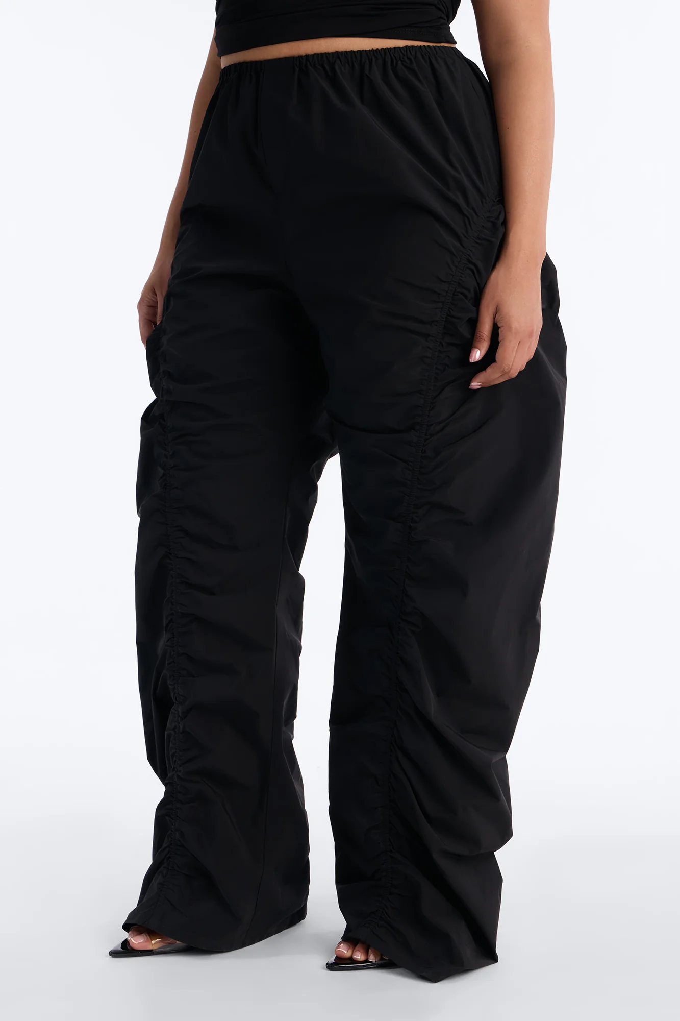 Ariana Low Rise Ruched Stacked Nylon Pant 33″ - Black - Image 5