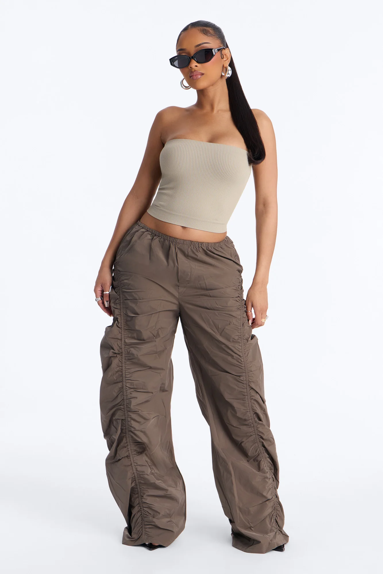 Ariana Low Rise Ruched Stacked Nylon Pant 33″ - Olive