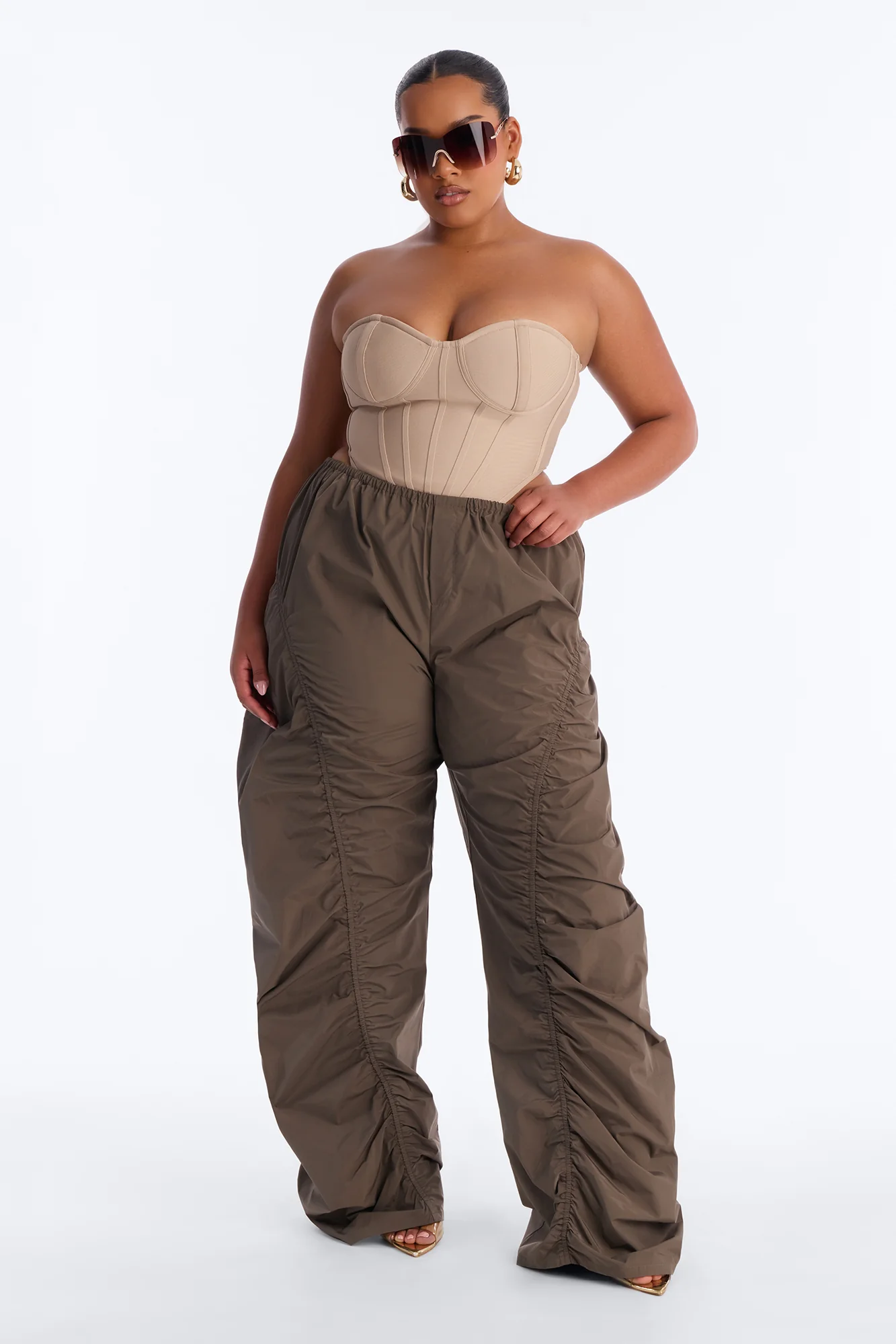 Ariana Low Rise Ruched Stacked Nylon Pant 33″ - Olive - Image 5
