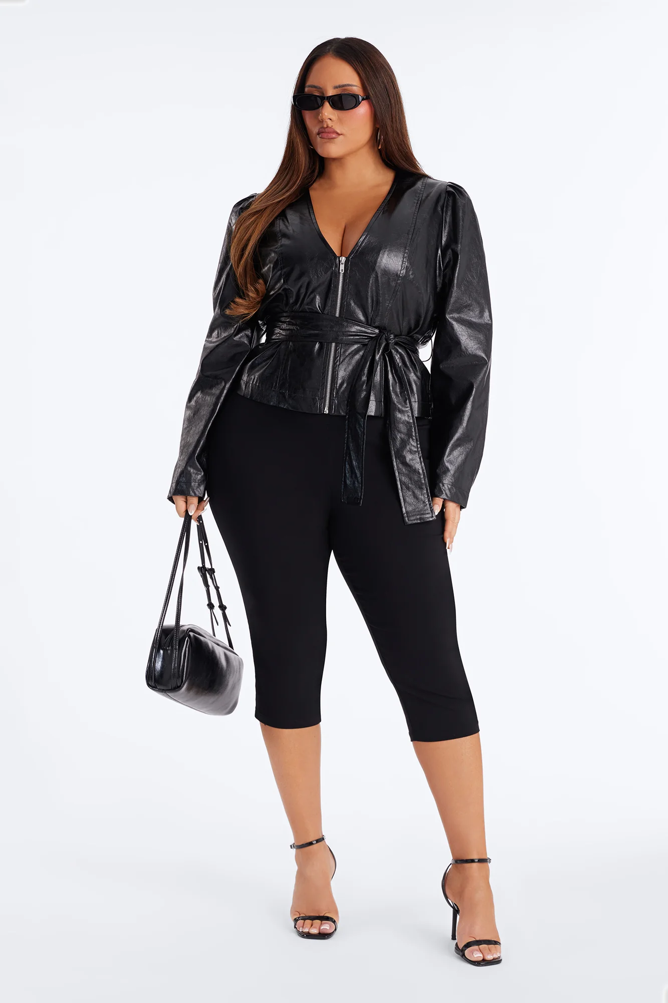 Ariel Collarless Zipper Belted Faux Leather Jacket - Black - Image 6