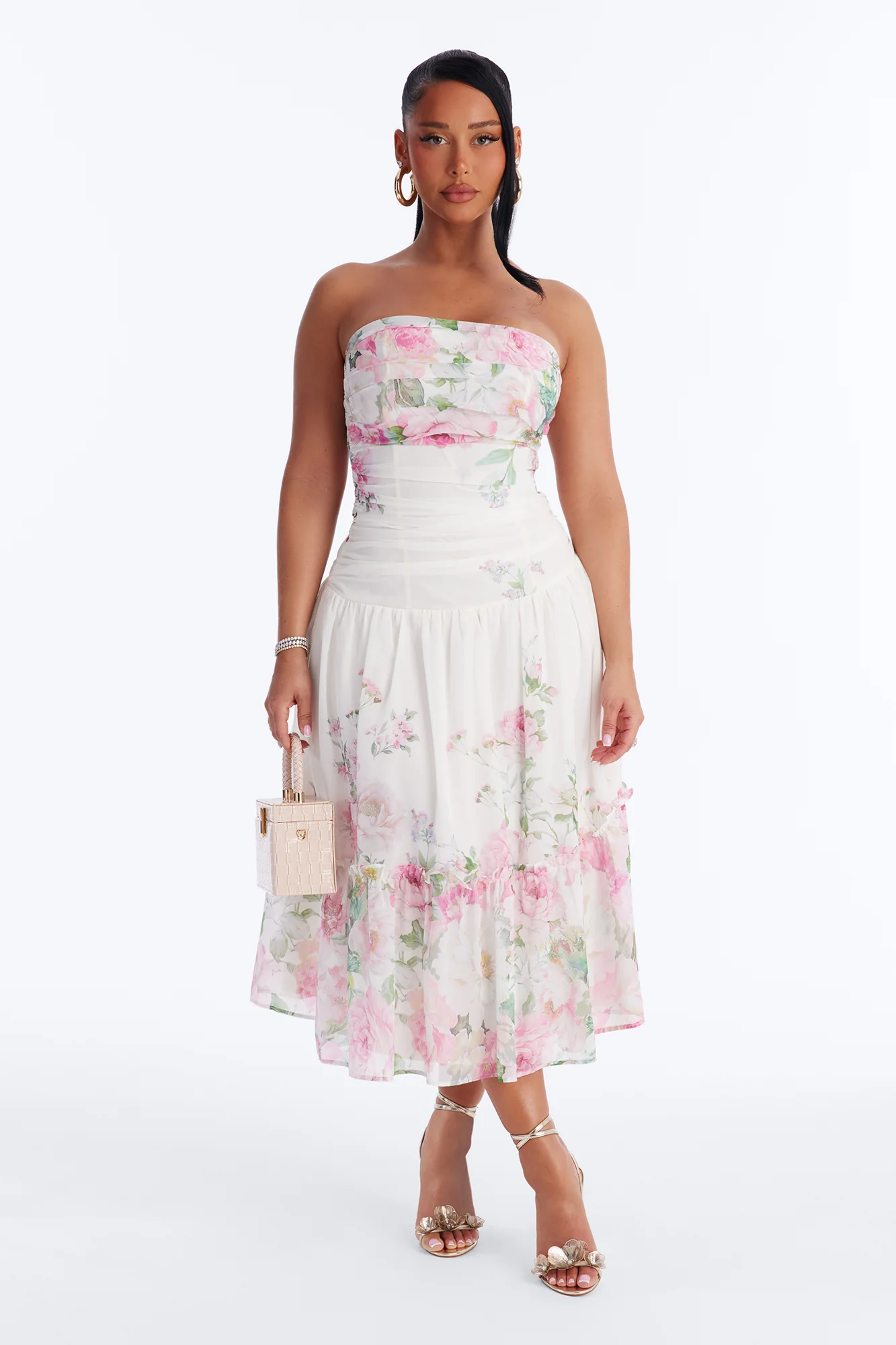 Ariella Floral Chiffon Midi Dress - White/combo