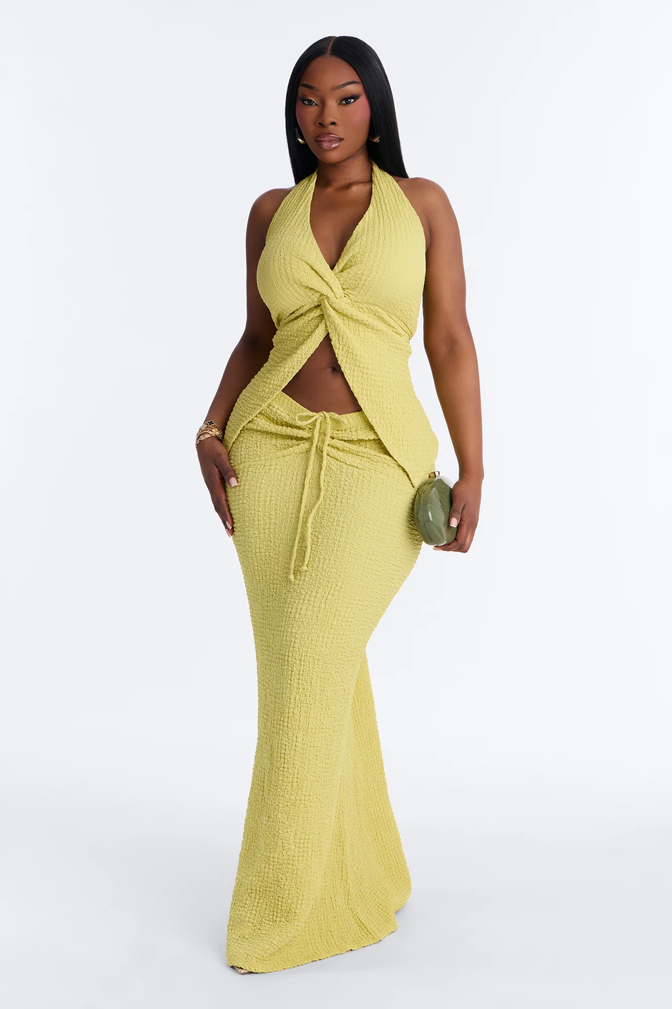 Arielle Halter Textured Skirt Set - Chartreuse - Image 4